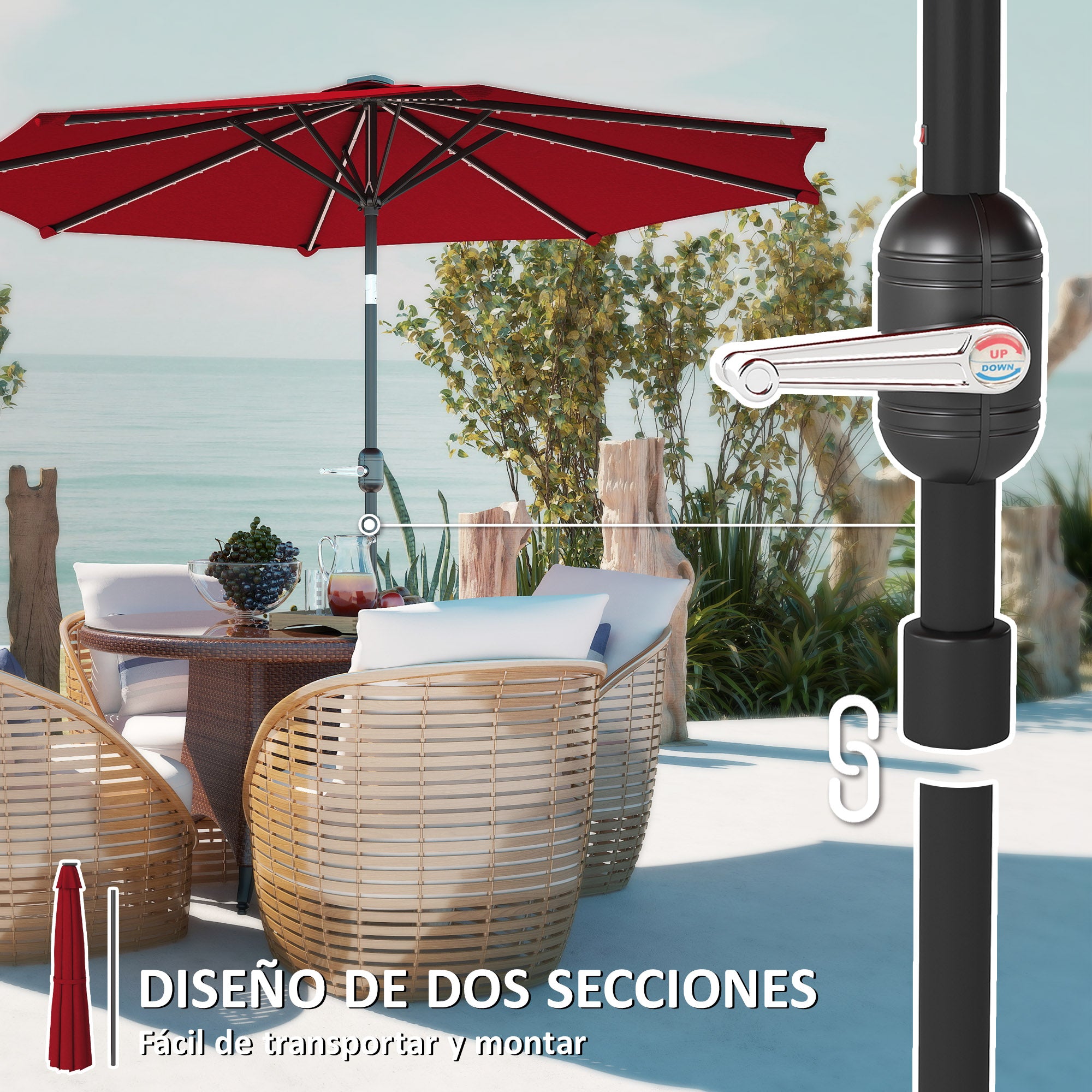 Patio Umbrella with Solar LED Lights Ø292x252 cm Garden Umbrella with Adjustable Tilt up to 45° Waterproof and Crank Parasol for Patio Pool without Base Wine Red