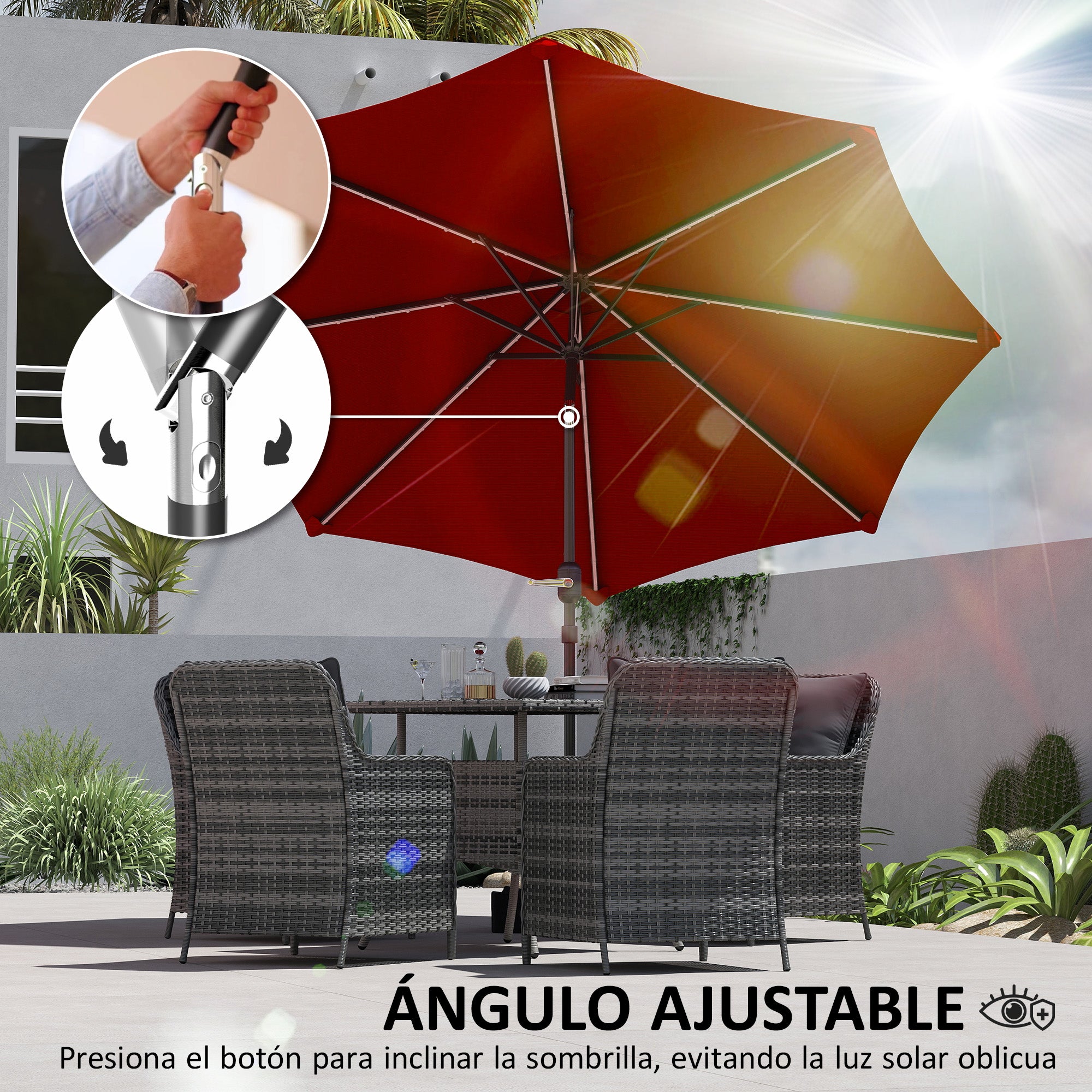 Patio Umbrella with Solar LED Lights Ø292x252 cm Garden Umbrella with Adjustable Tilt up to 45° Waterproof and Crank Parasol for Patio Pool without Base Wine Red