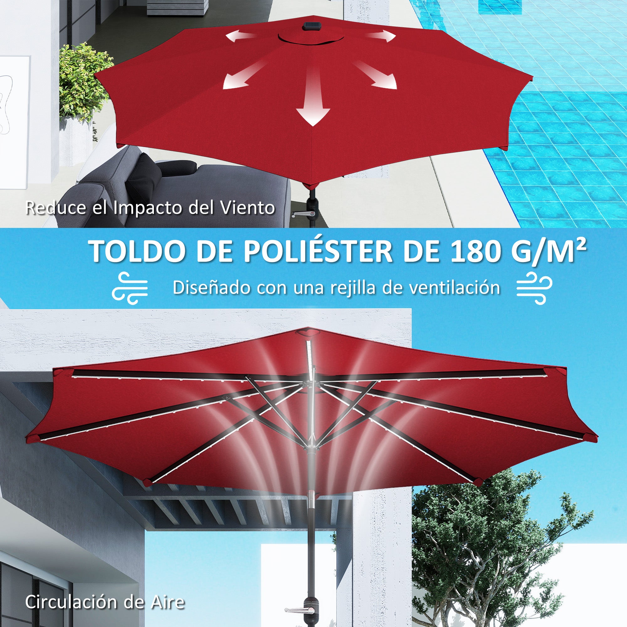 Patio Umbrella with Solar LED Lights Ø292x252 cm Garden Umbrella with Adjustable Tilt up to 45° Waterproof and Crank Parasol for Patio Pool without Base Wine Red