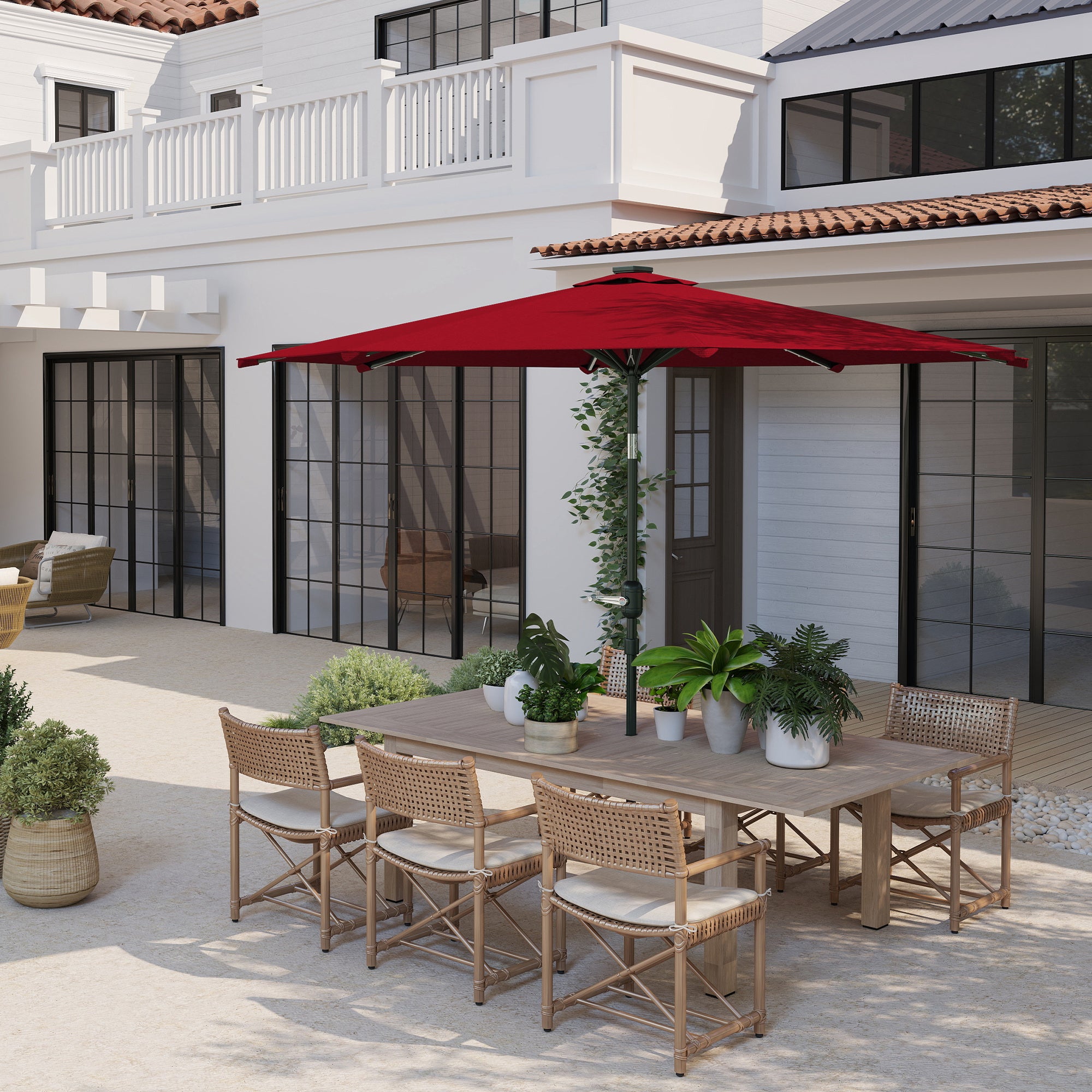 Patio Umbrella with Solar LED Lights Ø292x252 cm Garden Umbrella with Adjustable Tilt up to 45° Waterproof and Crank Parasol for Patio Pool without Base Wine Red