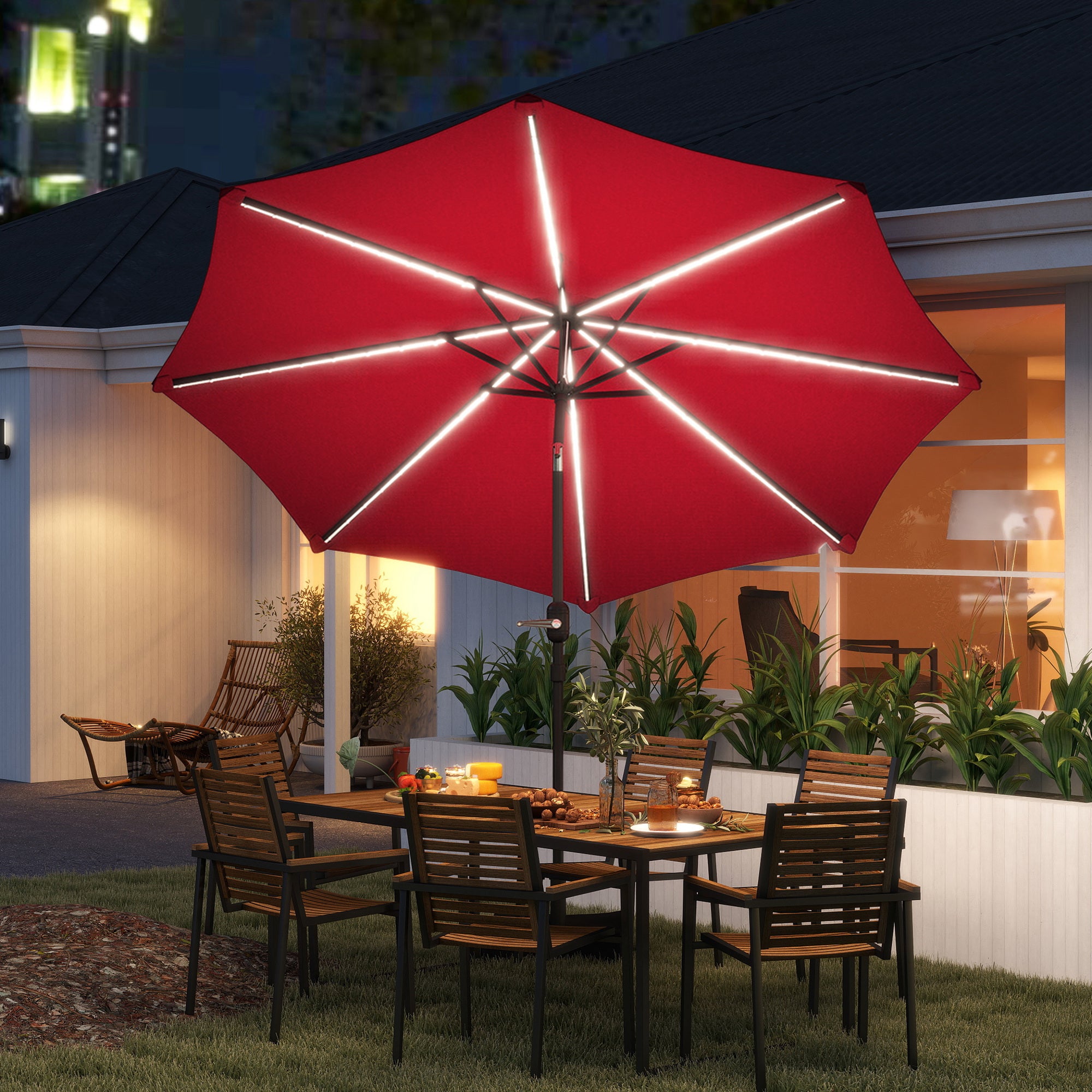 Patio Umbrella with Solar LED Lights Ø292x252 cm Garden Umbrella with Adjustable Tilt up to 45° Waterproof and Crank Parasol for Patio Pool without Base Wine Red