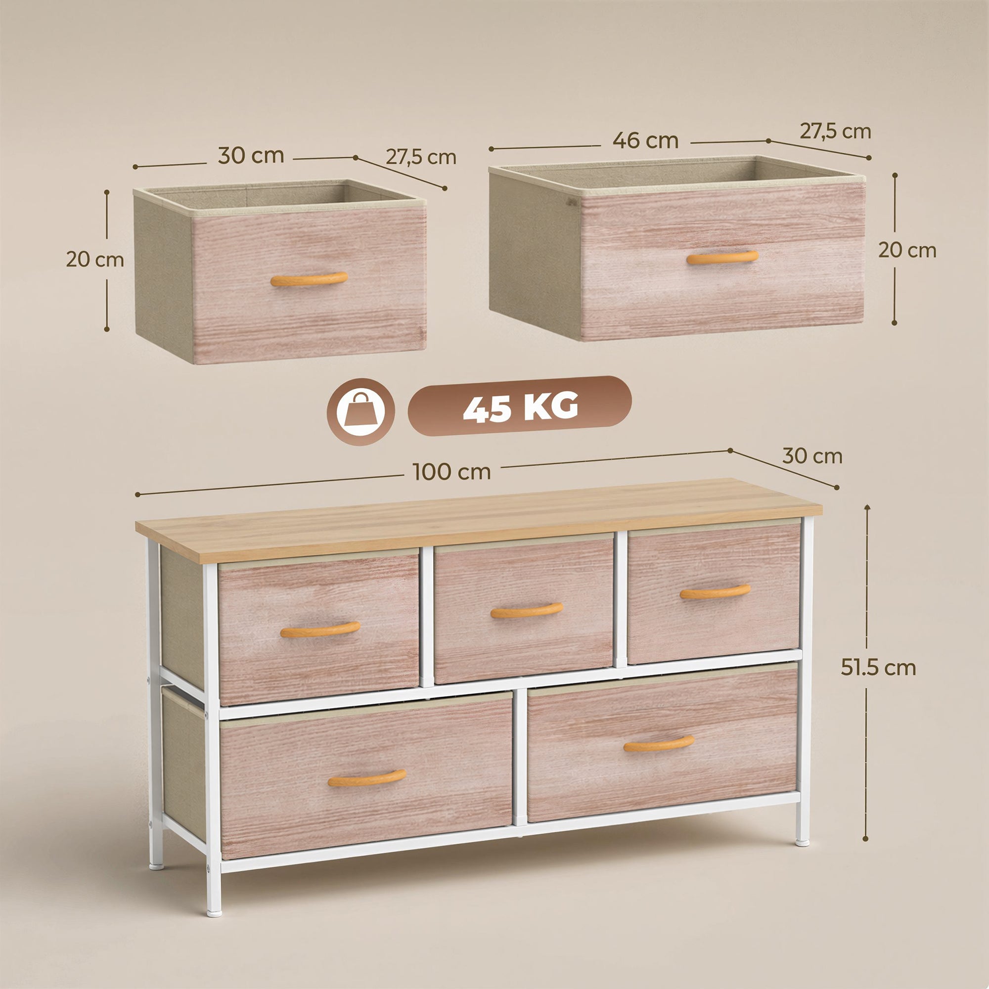 5-Drawer Fabric Dresser with Metal Frame — Bedroom, Living Room & Office Chest, Natural Wood/White