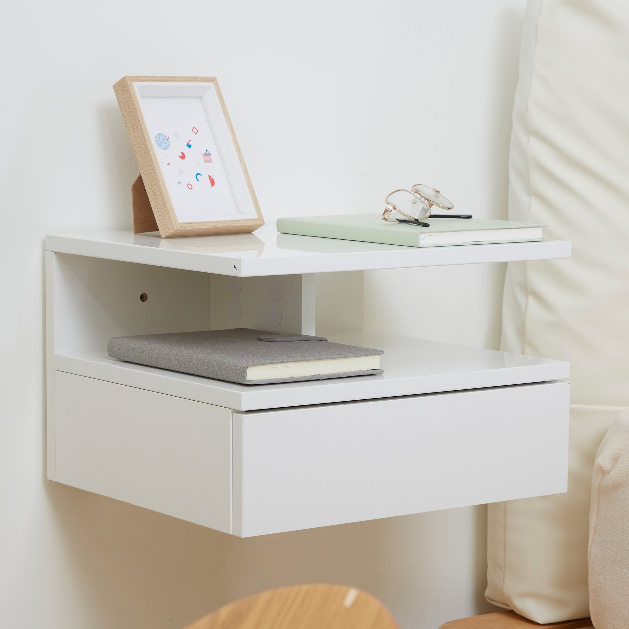 Set of 2 Floating Bedside Tables Hanging Bedside Tables with 1 Drawer and Open Shelf for Bedroom 35x32x22.5 cm Bright White