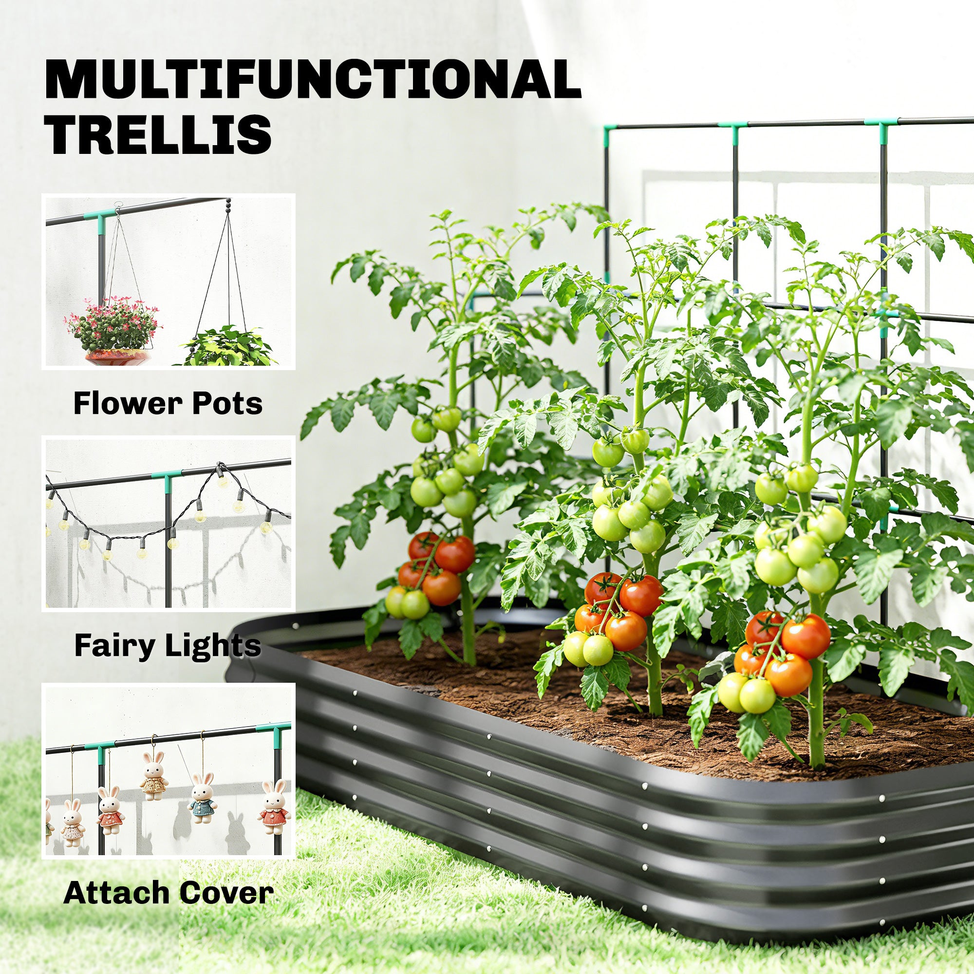 Raised Garden Bed with Trellis, Galvanized Metal Planter with Protective Edge & Gloves for Herbs, Vegetables, Flowers — 86.6 x 43.3 x 59.1 in (220 x 110 x 150 cm), Dark Gray