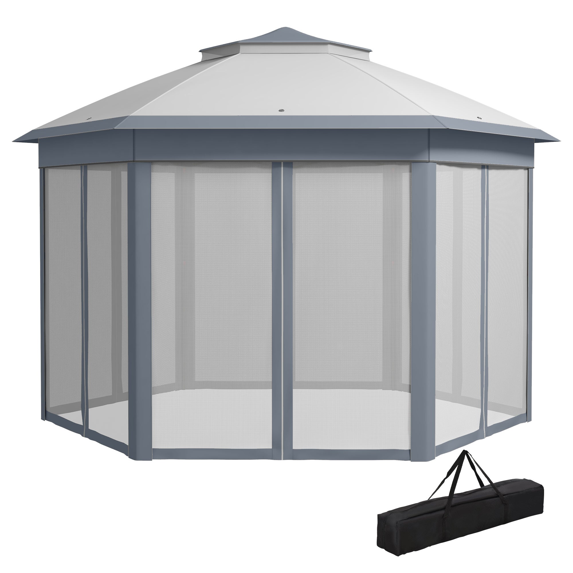 Garden Pavilion Pop-Up Tent 4 x 4 m Party Tent with Carrying Bag 6 Side Panels Double Roof Hexagonal Gray