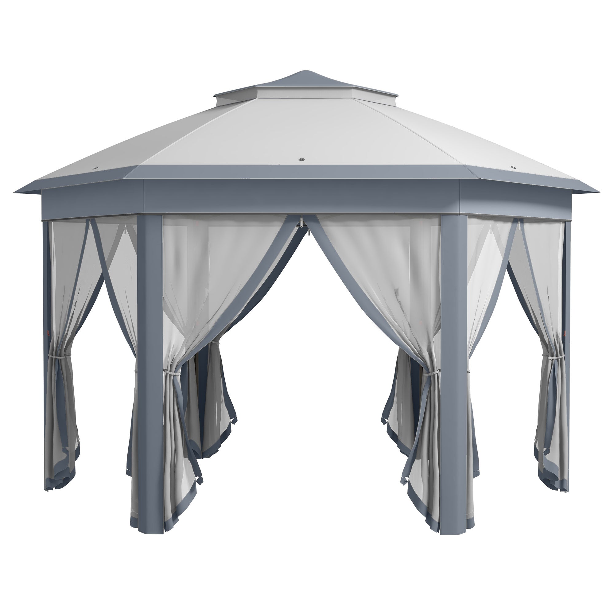 Garden Pavilion Pop-Up Tent 4 x 4 m Party Tent with Carrying Bag 6 Side Panels Double Roof Hexagonal Gray