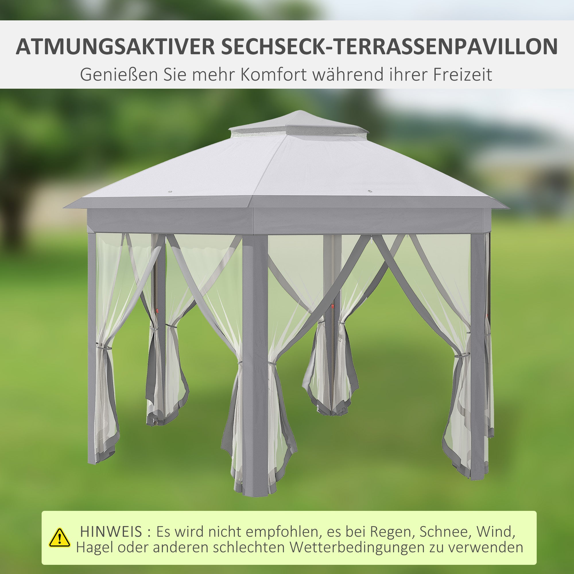 Garden Pavilion Pop-Up Tent 4 x 4 m Party Tent with Carrying Bag 6 Side Panels Double Roof Hexagonal Gray