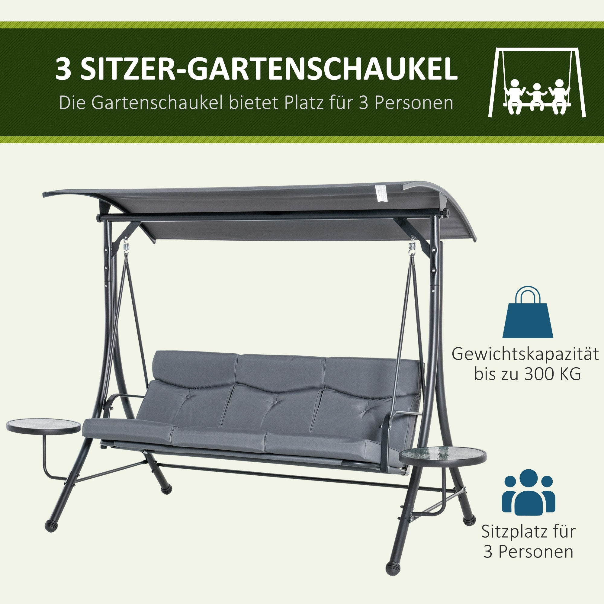 3-Seater Hollywood Swing Garden Swing Bench with Adjustable Canopy Tea Table Steel Polyester Gray+Black 271 x 125 x 177 cm