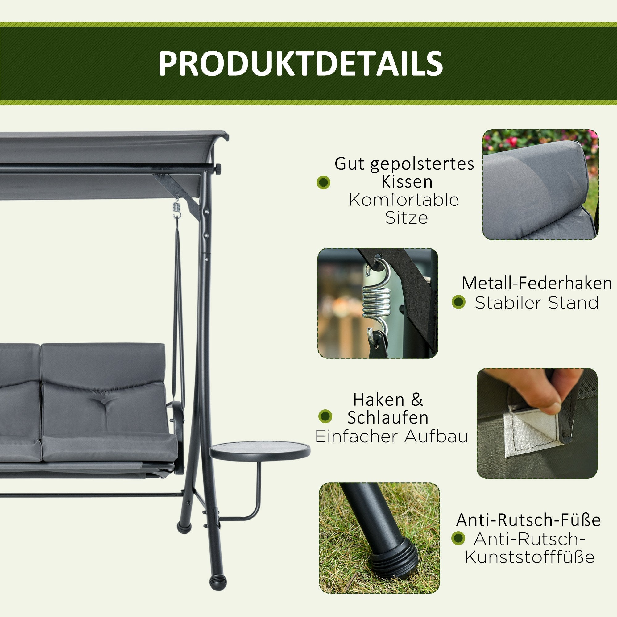 3-Seater Hollywood Swing Garden Swing Bench with Adjustable Canopy Tea Table Steel Polyester Gray+Black 271 x 125 x 177 cm