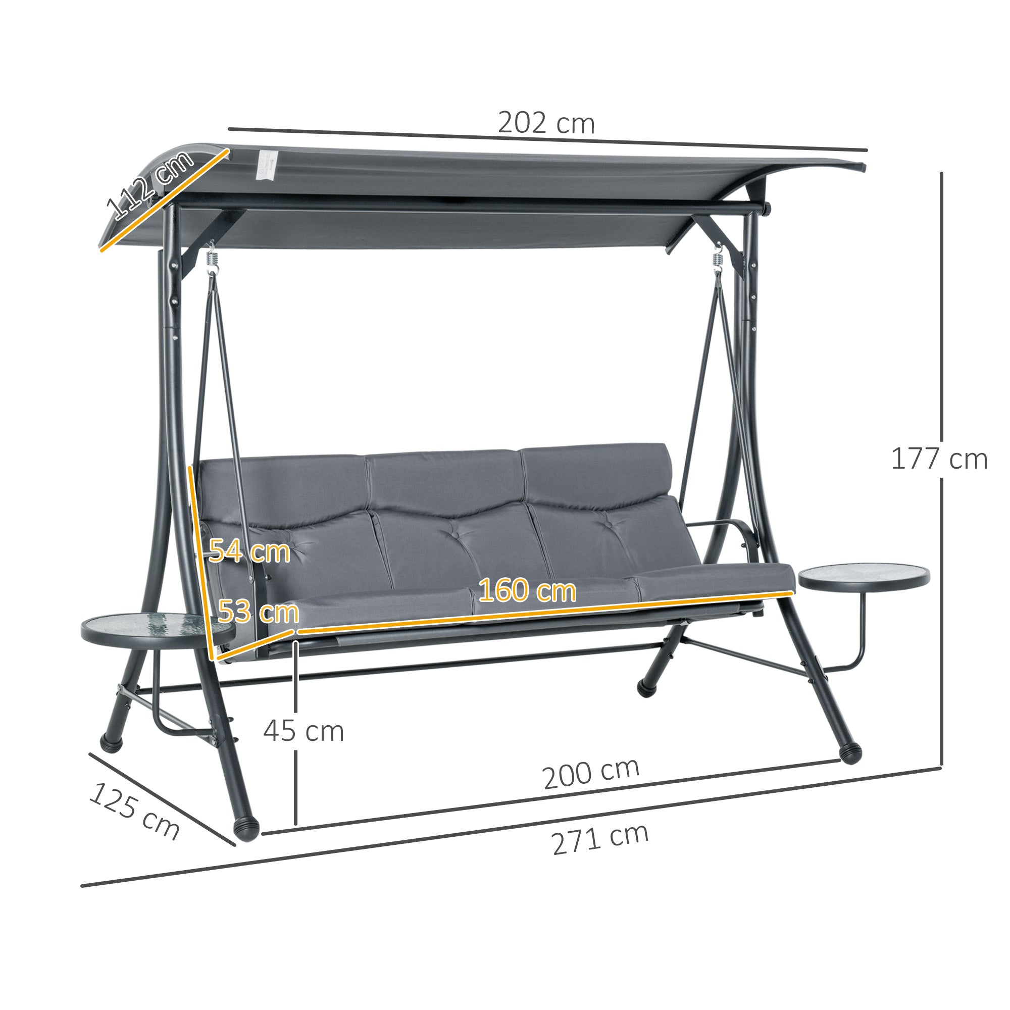 3-Seater Hollywood Swing Garden Swing Bench with Adjustable Canopy Tea Table Steel Polyester Gray+Black 271 x 125 x 177 cm