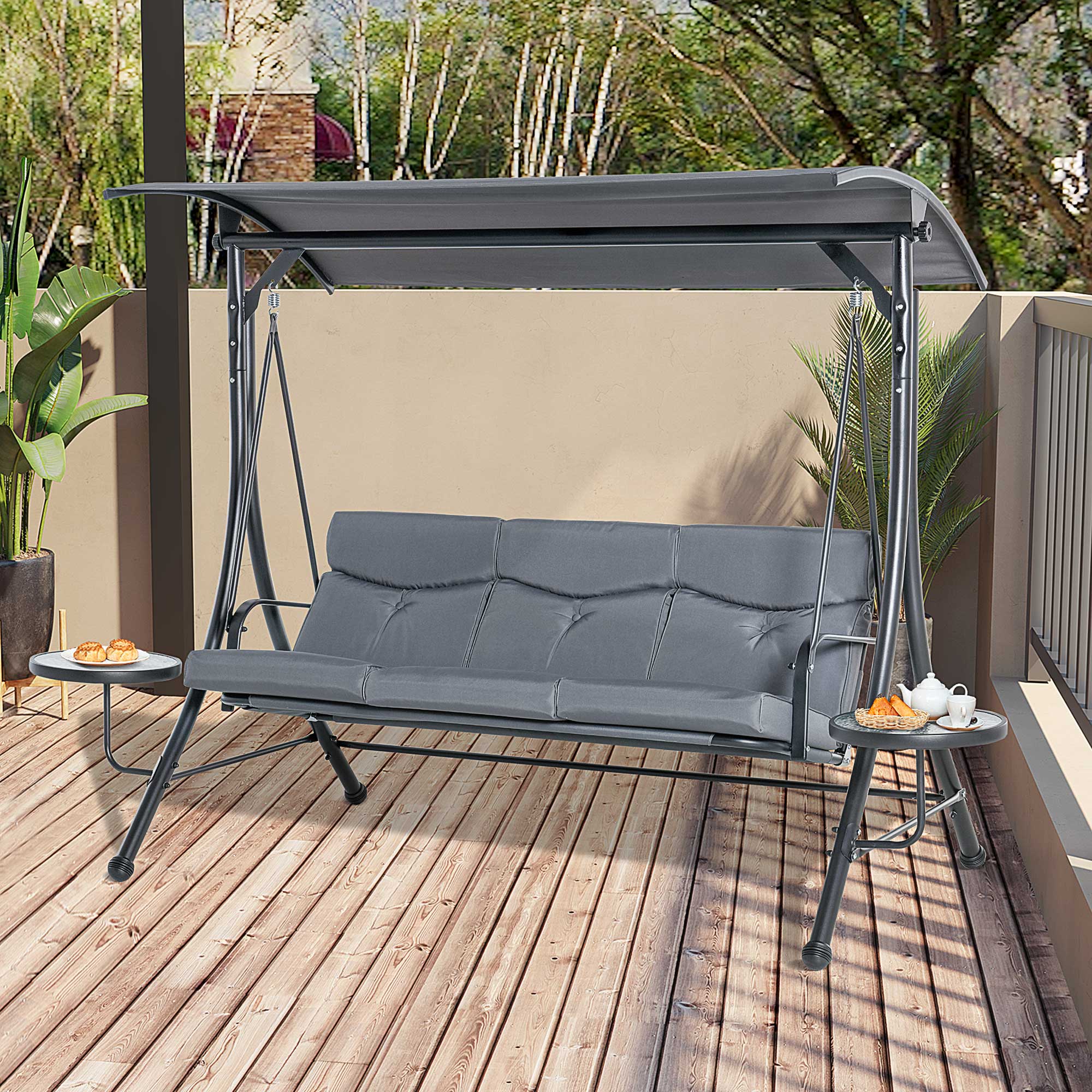 3-Seater Hollywood Swing Garden Swing Bench with Adjustable Canopy Tea Table Steel Polyester Gray+Black 271 x 125 x 177 cm