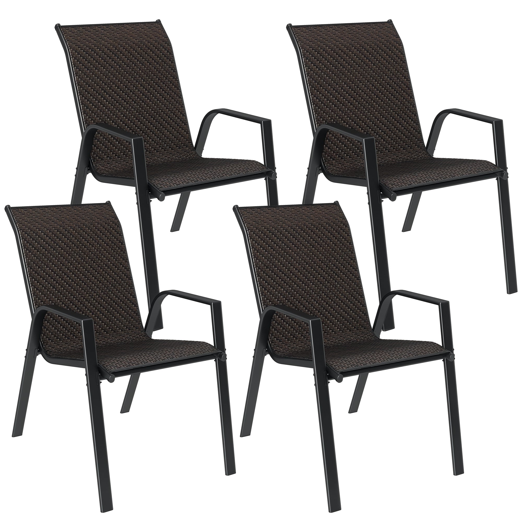 Set of 4 stackable garden chairs, outdoor armchairs with brown woven resin wicker finish