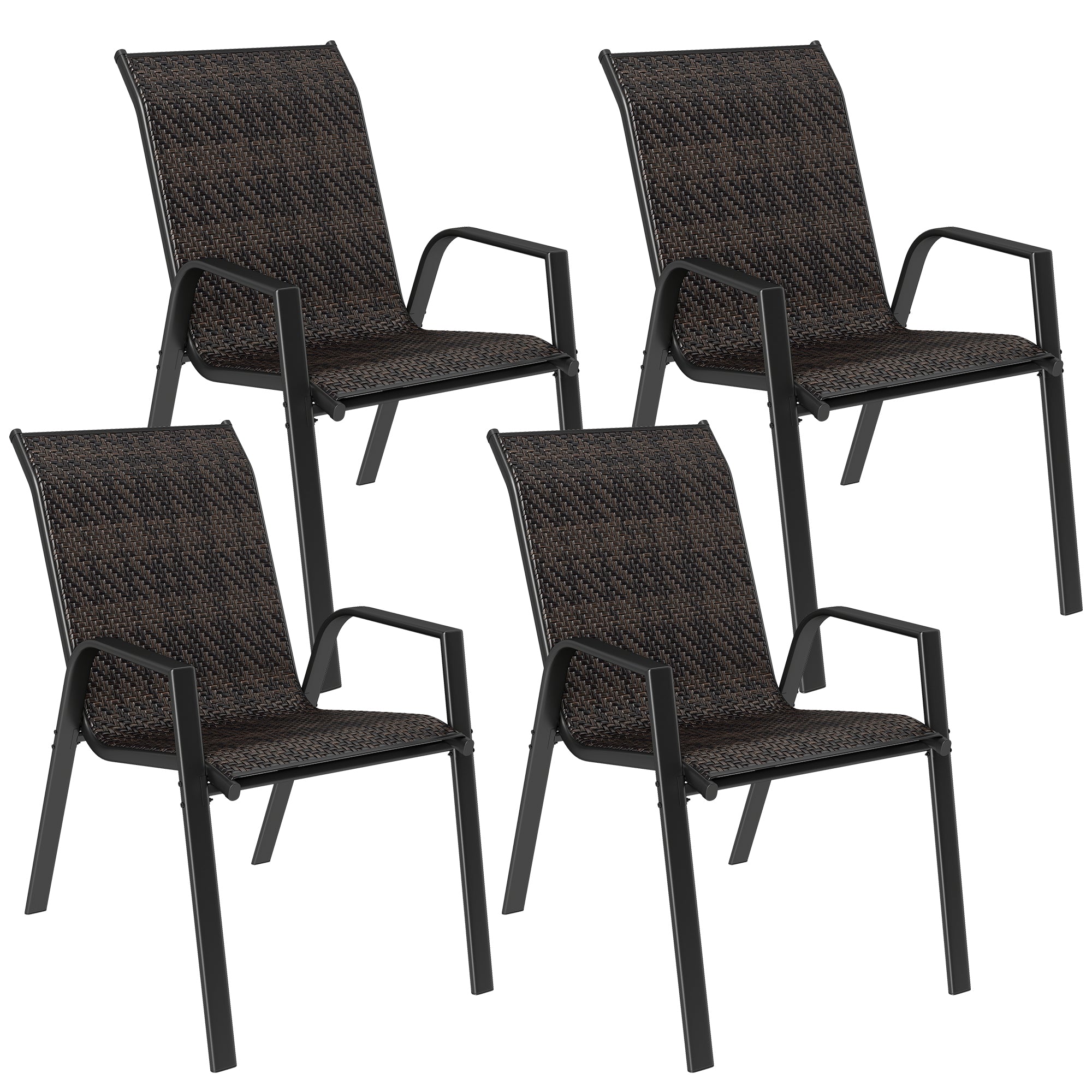 Set of 4 stackable garden chairs, outdoor armchairs with brown woven resin wicker finish