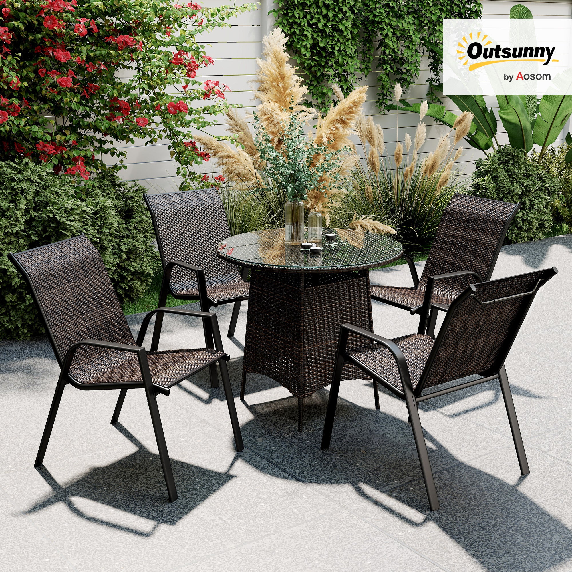 Set of 4 stackable garden chairs, outdoor armchairs with brown woven resin wicker finish