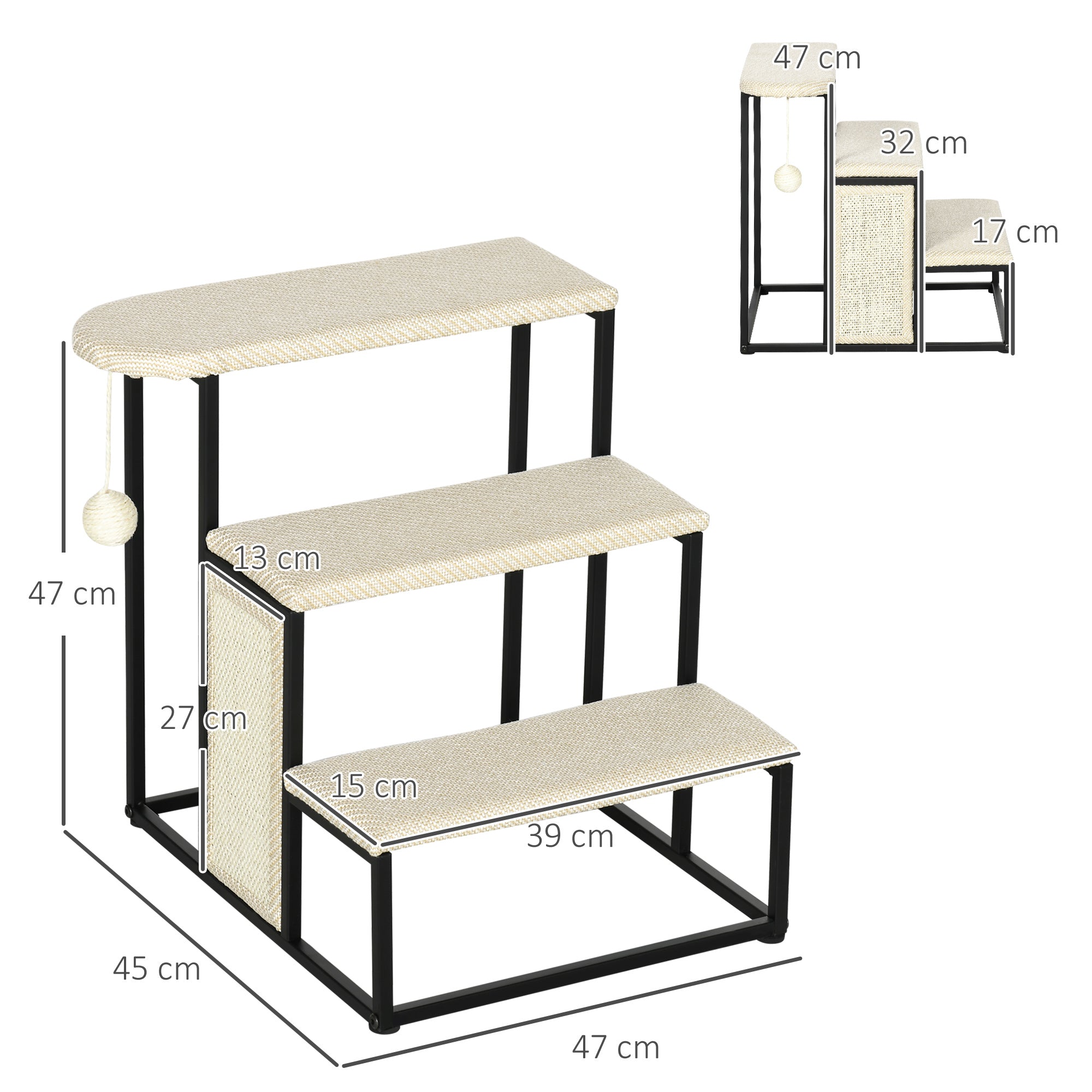 3-Level Pet Stairs for Pets with 3 Steps Hanging Ball Scratching Board and Steel Frame 47x45x47 cm Cream and Black