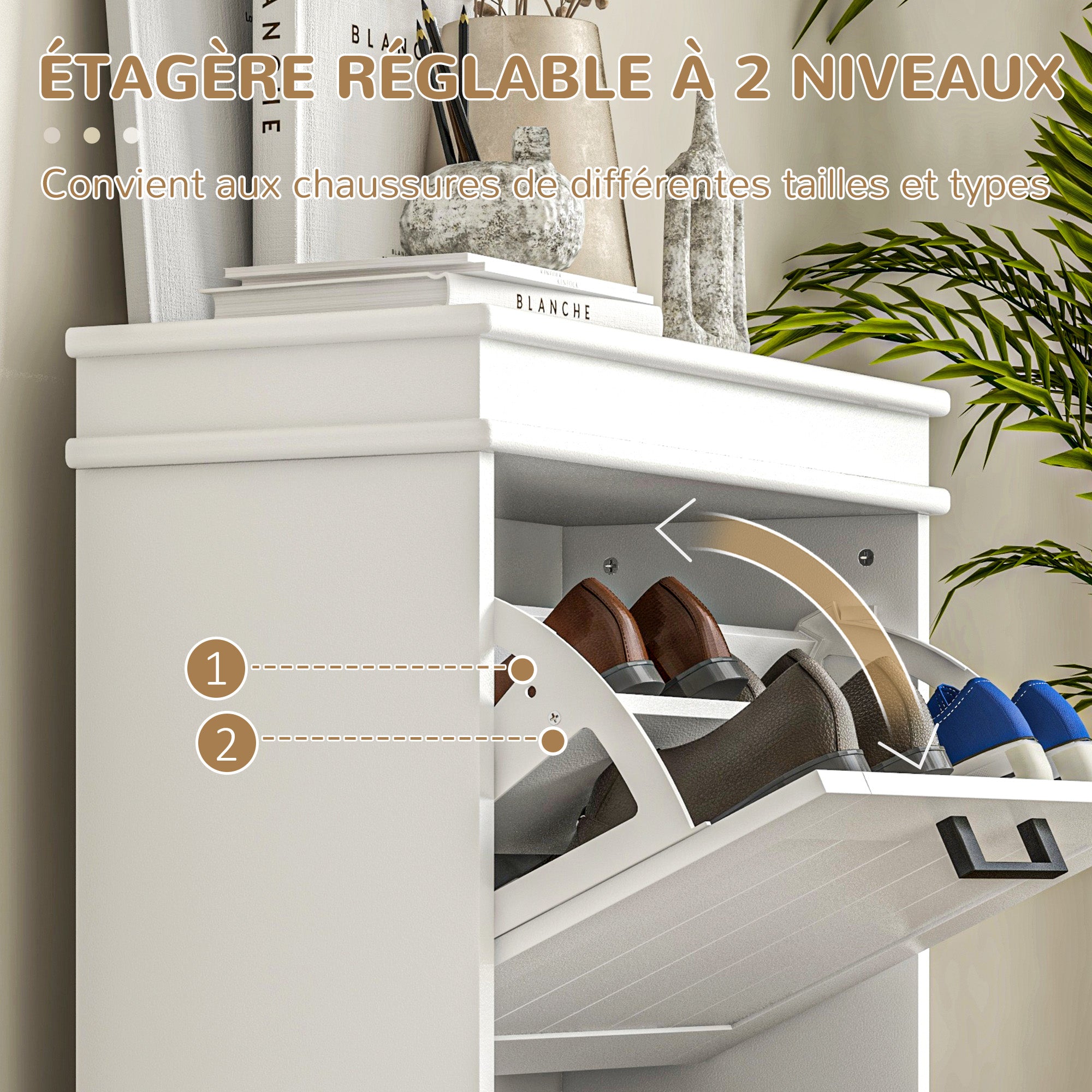 Shoe Cabinet, Shoe Rack, 2 Flip Doors, Adjustable Shelves, for Entrance, Hallway, 54 x 24 x 82.5 cm, White