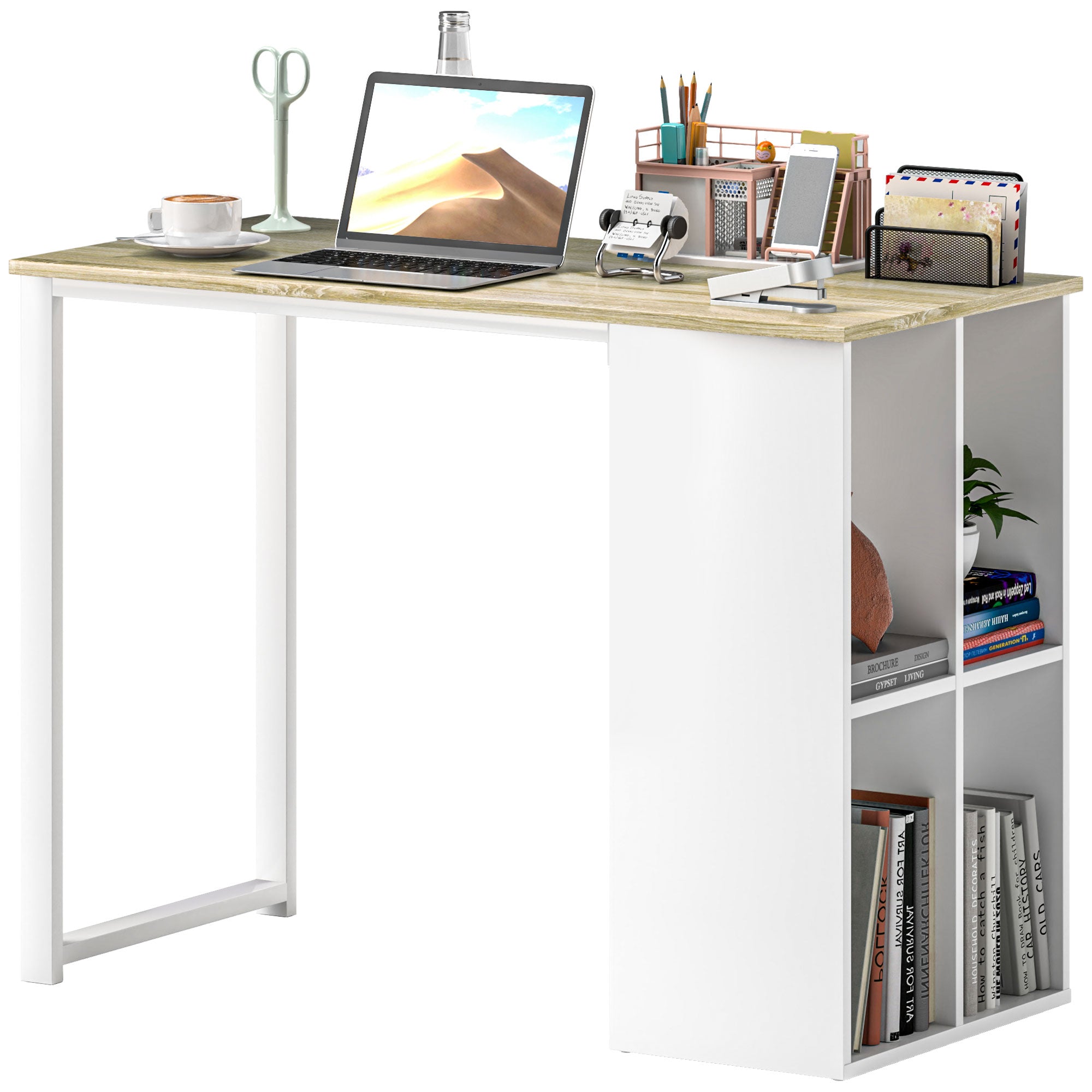 Desk Computer Desk with 4 Shelves Office Desk with Modern Design, Steel Frame for Study, Home Office, Bedroom, 100 x 54 x 75 cm Oak