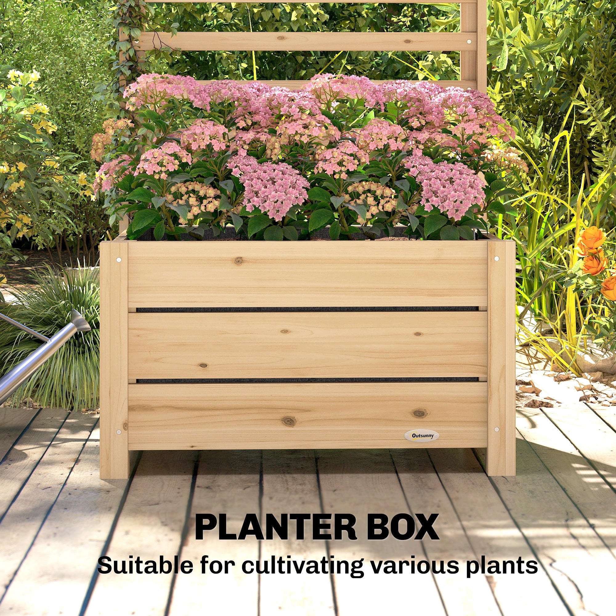Raised Wooden Planter with Trellis, Flower Pot with Trellis, Drainage Hole and Non‑Woven Liner, Climbing Plant Planter for Garden 60 x 39 x 200 cm, Natural Wood