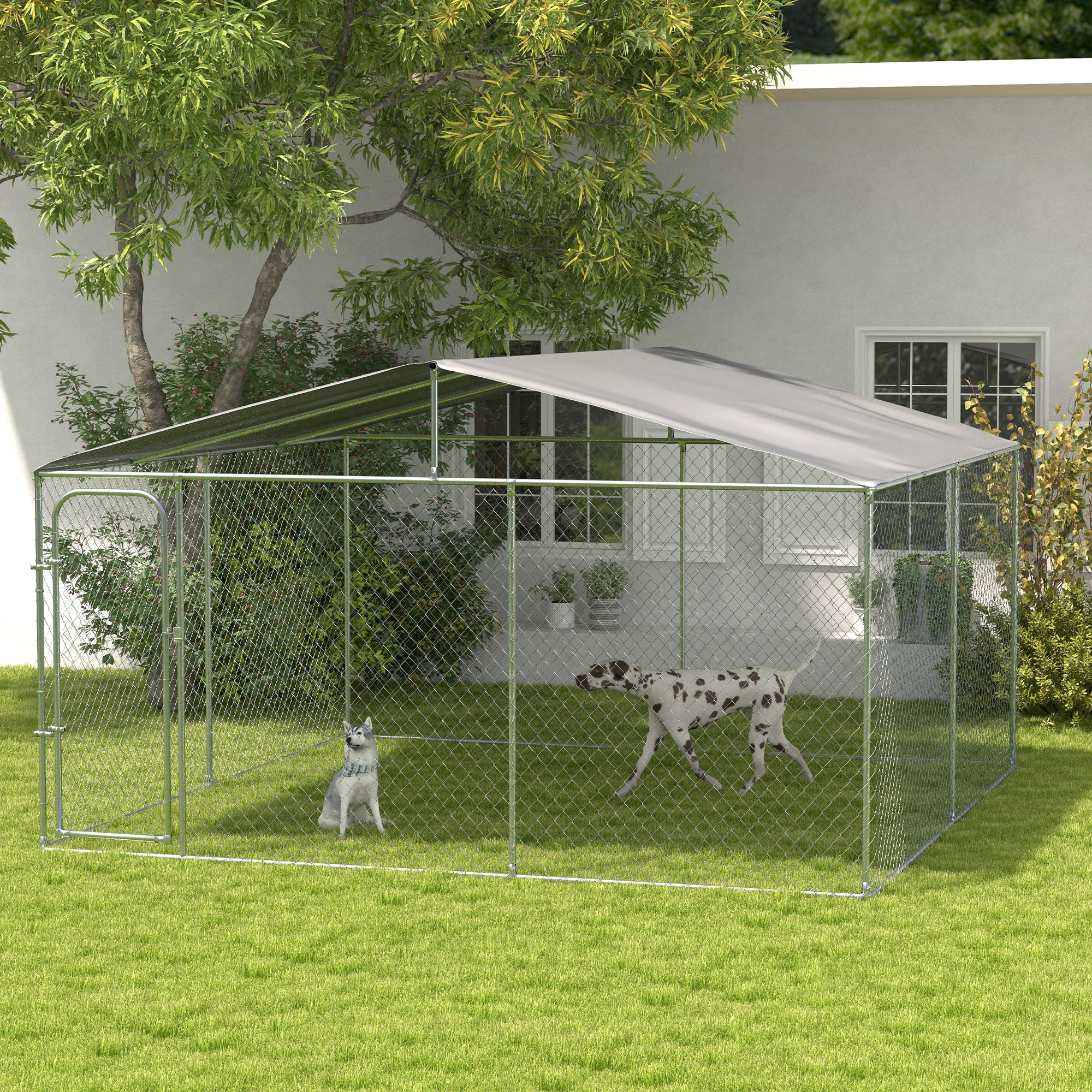 Outdoor Kennel with Anti-UV Waterproof Canopy Dog Park with Latched Door and Galvanized Metal Frame for Patio Garden Terrace 4x4x2.3 m Silver