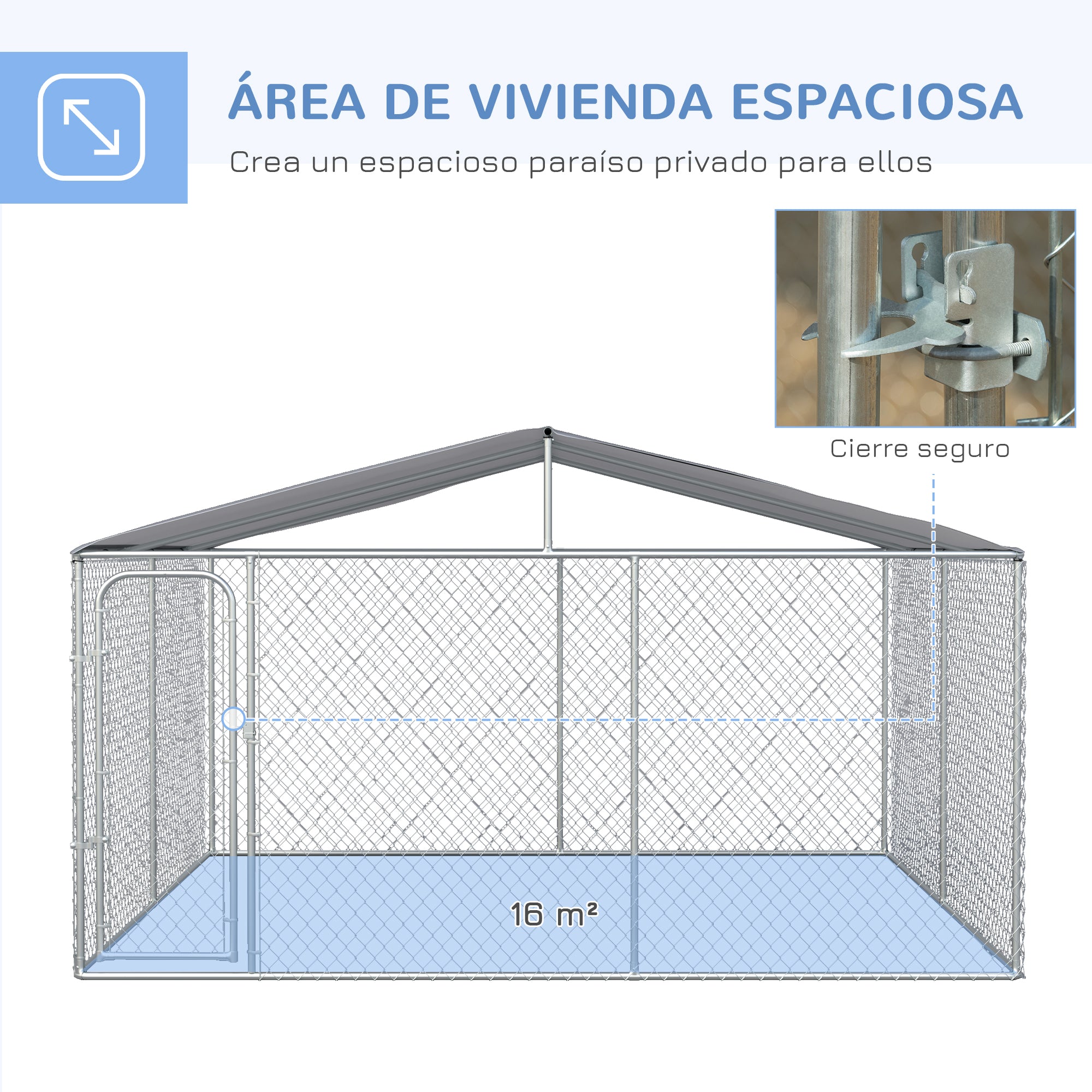 Outdoor Kennel with Anti-UV Waterproof Canopy Dog Park with Latched Door and Galvanized Metal Frame for Patio Garden Terrace 4x4x2.3 m Silver