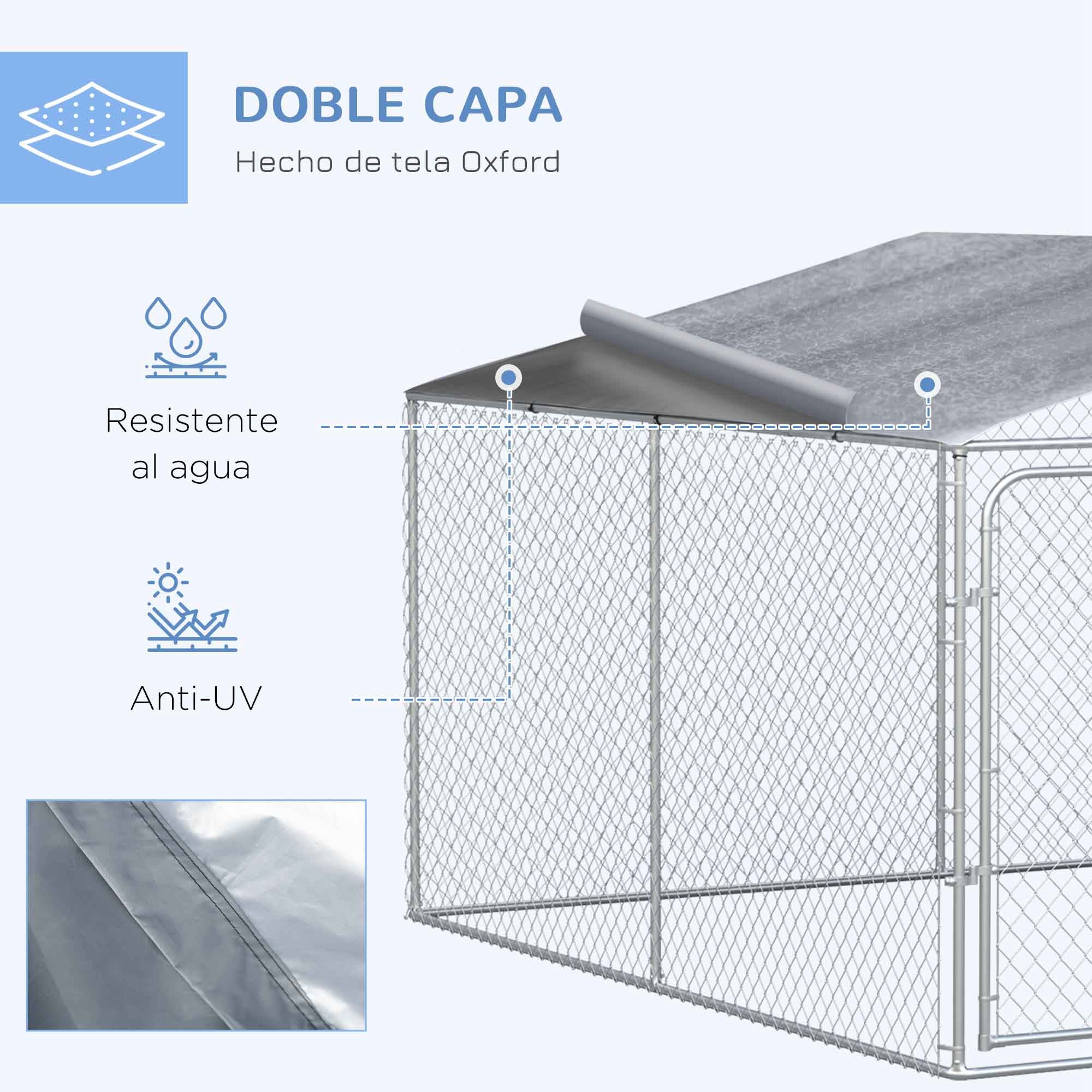 Outdoor Kennel with Anti-UV Waterproof Canopy Dog Park with Latched Door and Galvanized Metal Frame for Patio Garden Terrace 4x4x2.3 m Silver