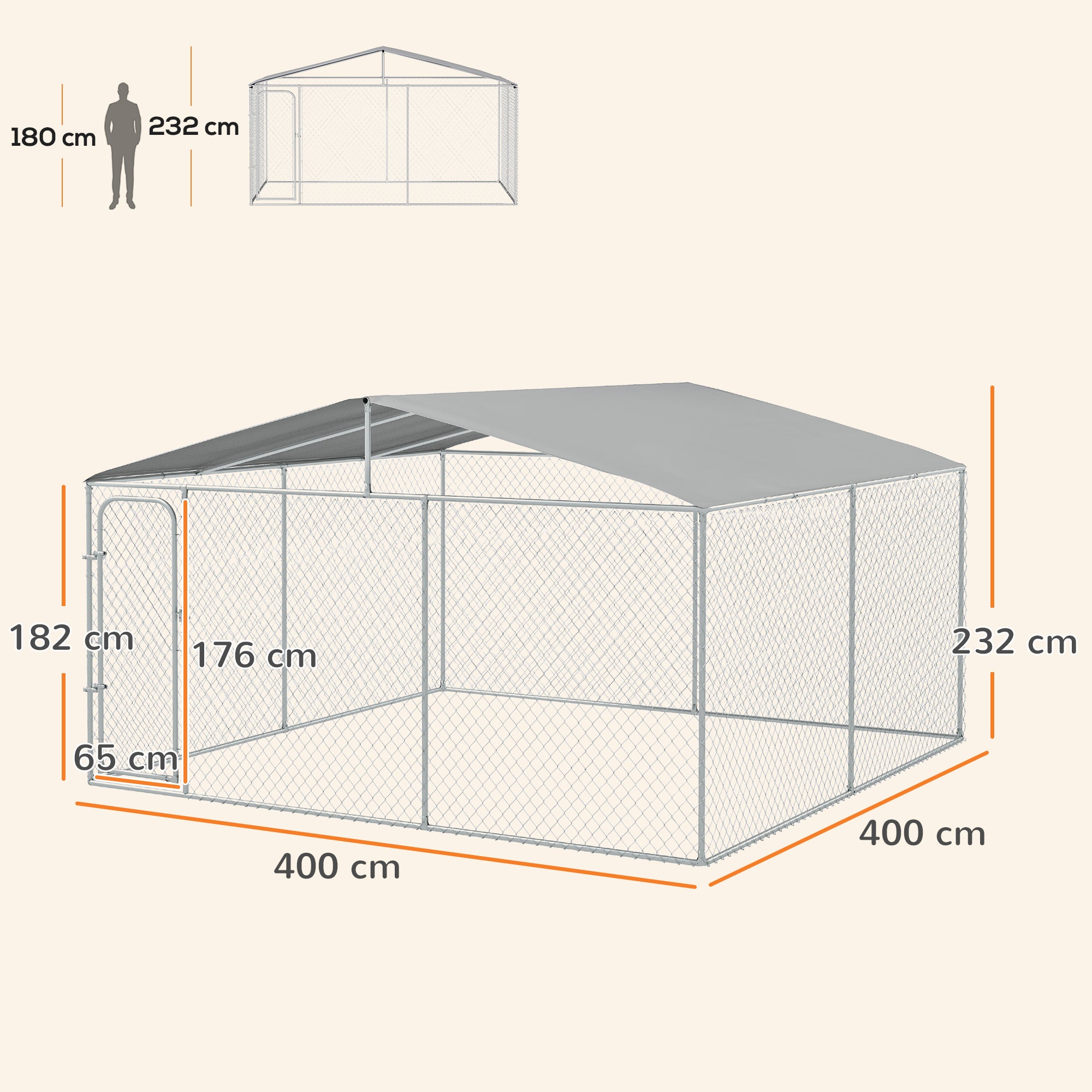 Outdoor Kennel with Anti-UV Waterproof Canopy Dog Park with Latched Door and Galvanized Metal Frame for Patio Garden Terrace 4x4x2.3 m Silver