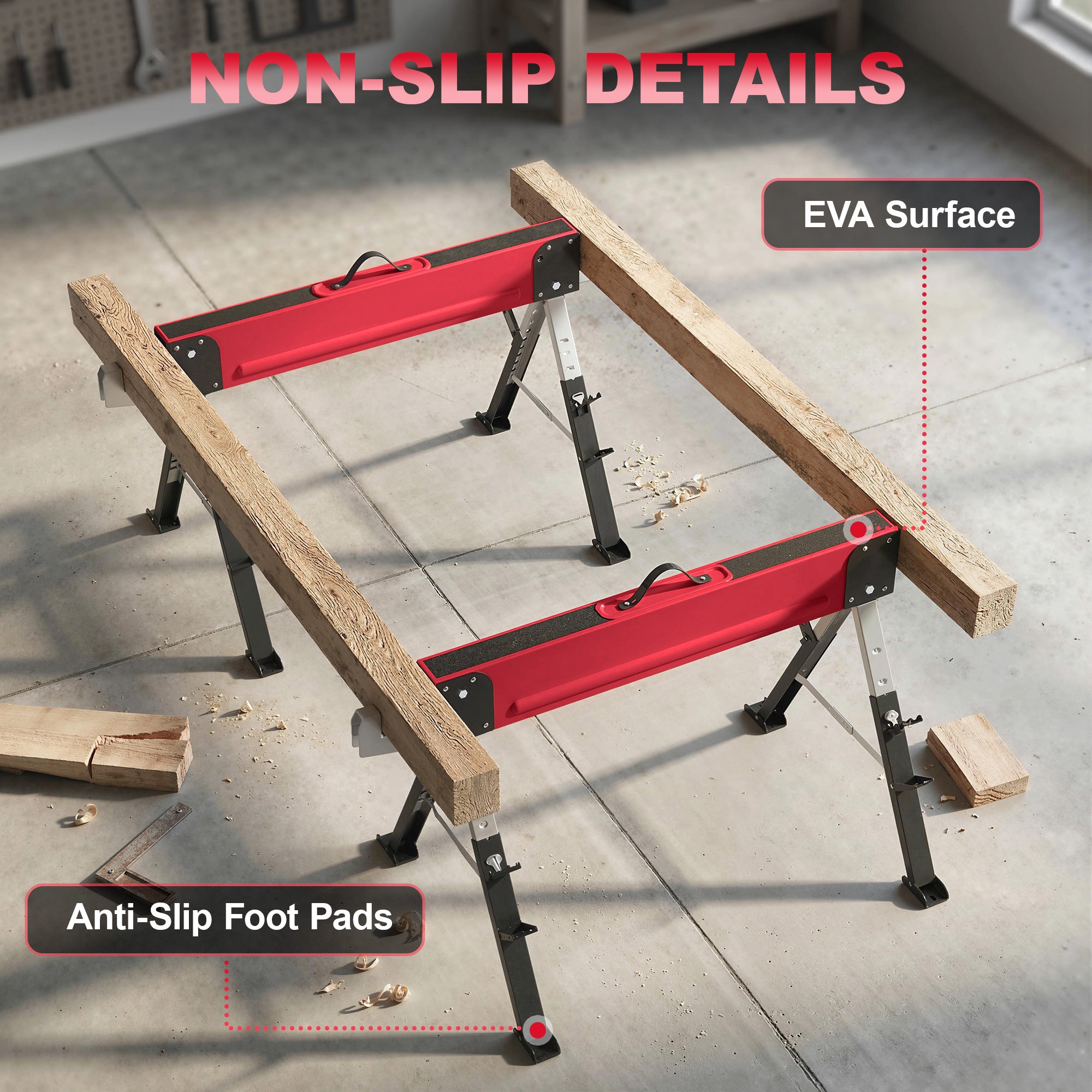 2-Pack Folding Sawhorses — Heavy-Duty Metal Work Stands, 1,160 kg Pair Capacity, 7-Position Height (64–81 cm), Red