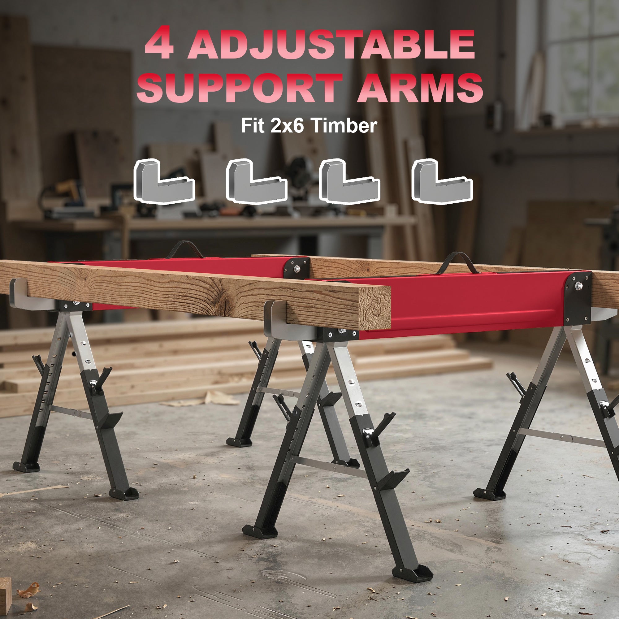 2-Pack Folding Sawhorses — Heavy-Duty Metal Work Stands, 1,160 kg Pair Capacity, 7-Position Height (64–81 cm), Red