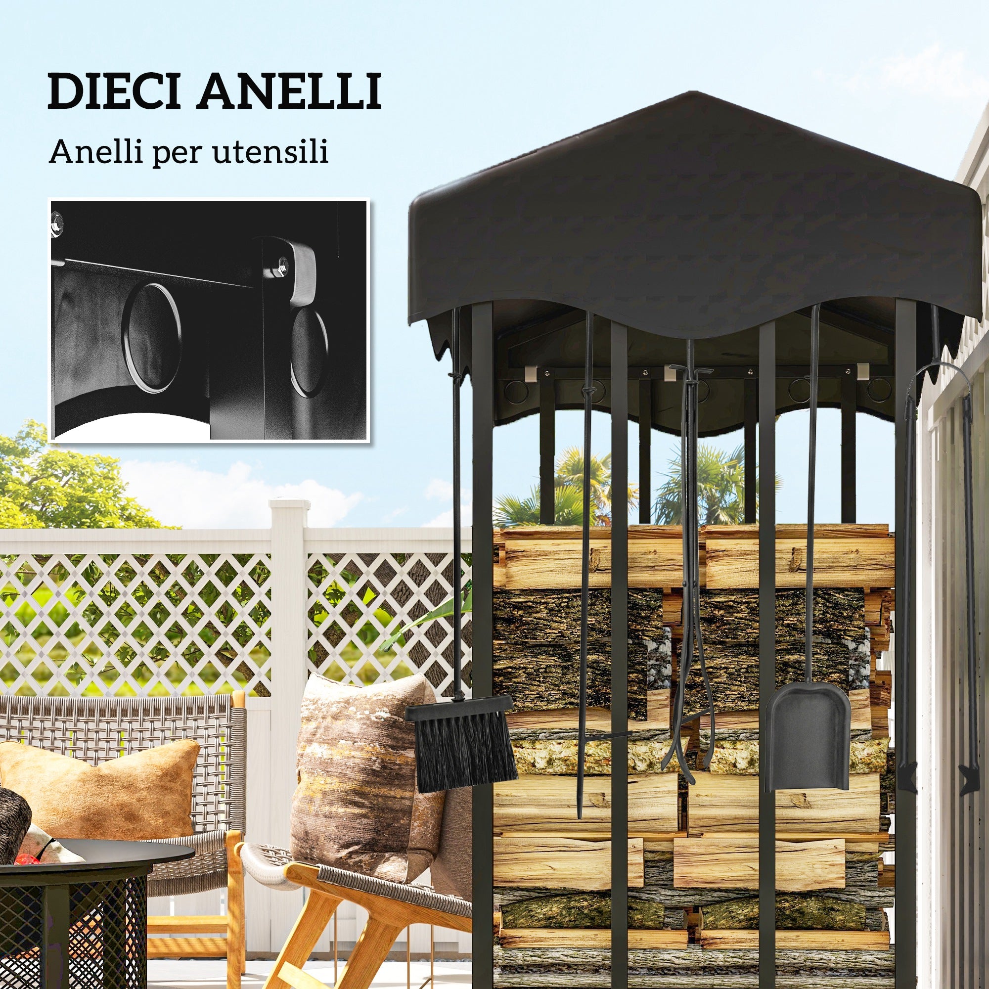 Outdoor Log Holder with Cover, Reinforced Metal Log Store for Firewood with 2000kg Capacity, 185x90x185 cm, Black