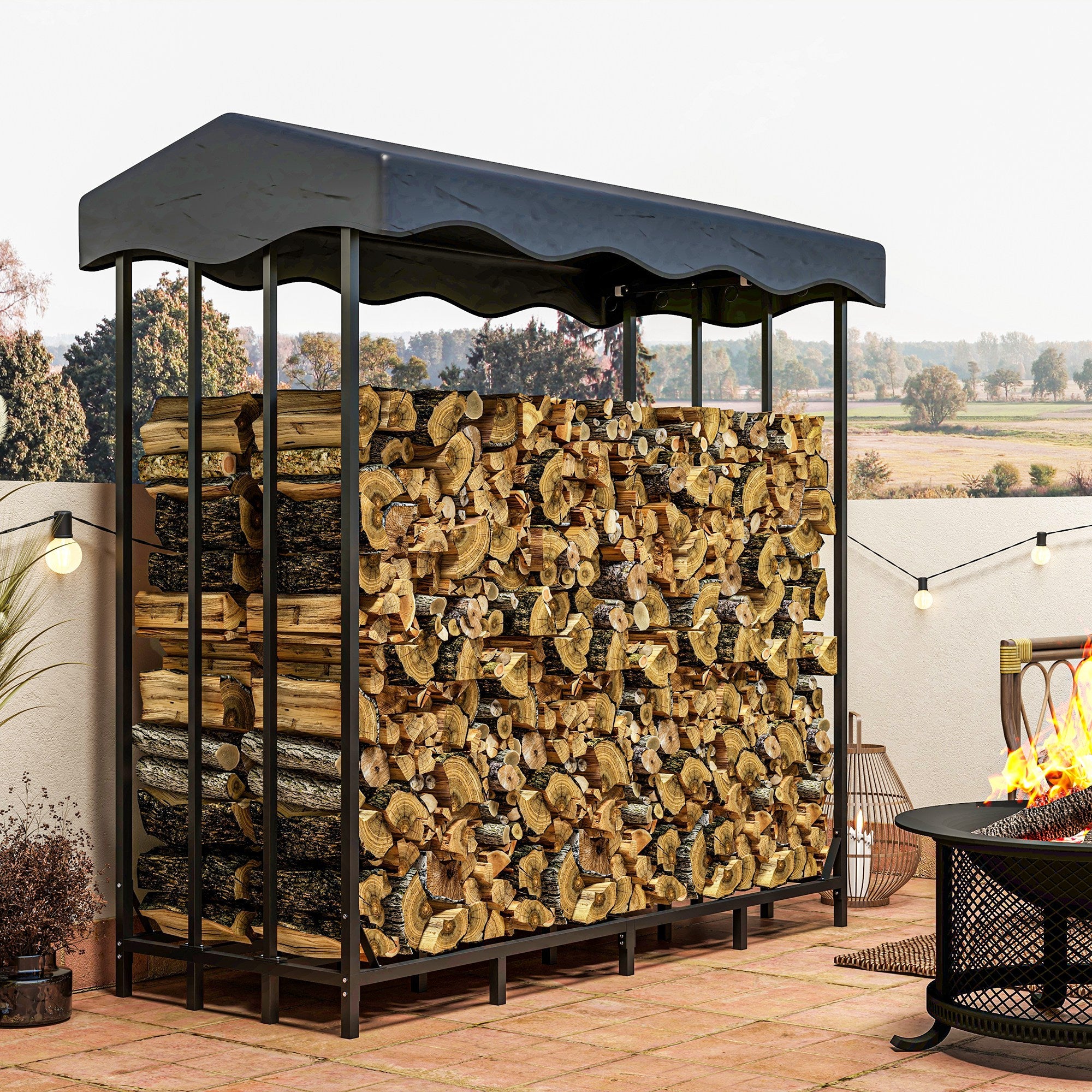 Outdoor Log Holder with Cover, Reinforced Metal Log Store for Firewood with 2000kg Capacity, 185x90x185 cm, Black