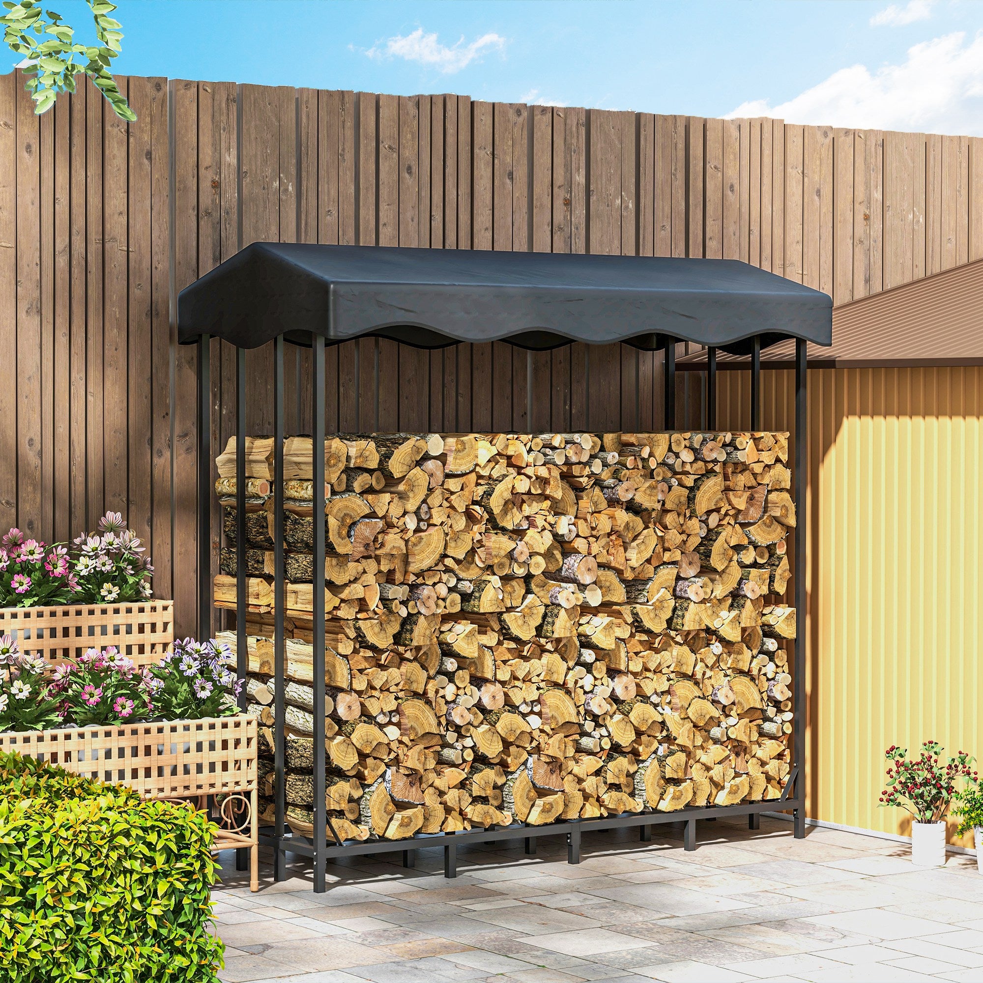 Outdoor Log Holder with Cover, Reinforced Metal Log Store for Firewood with 2000kg Capacity, 185x90x185 cm, Black