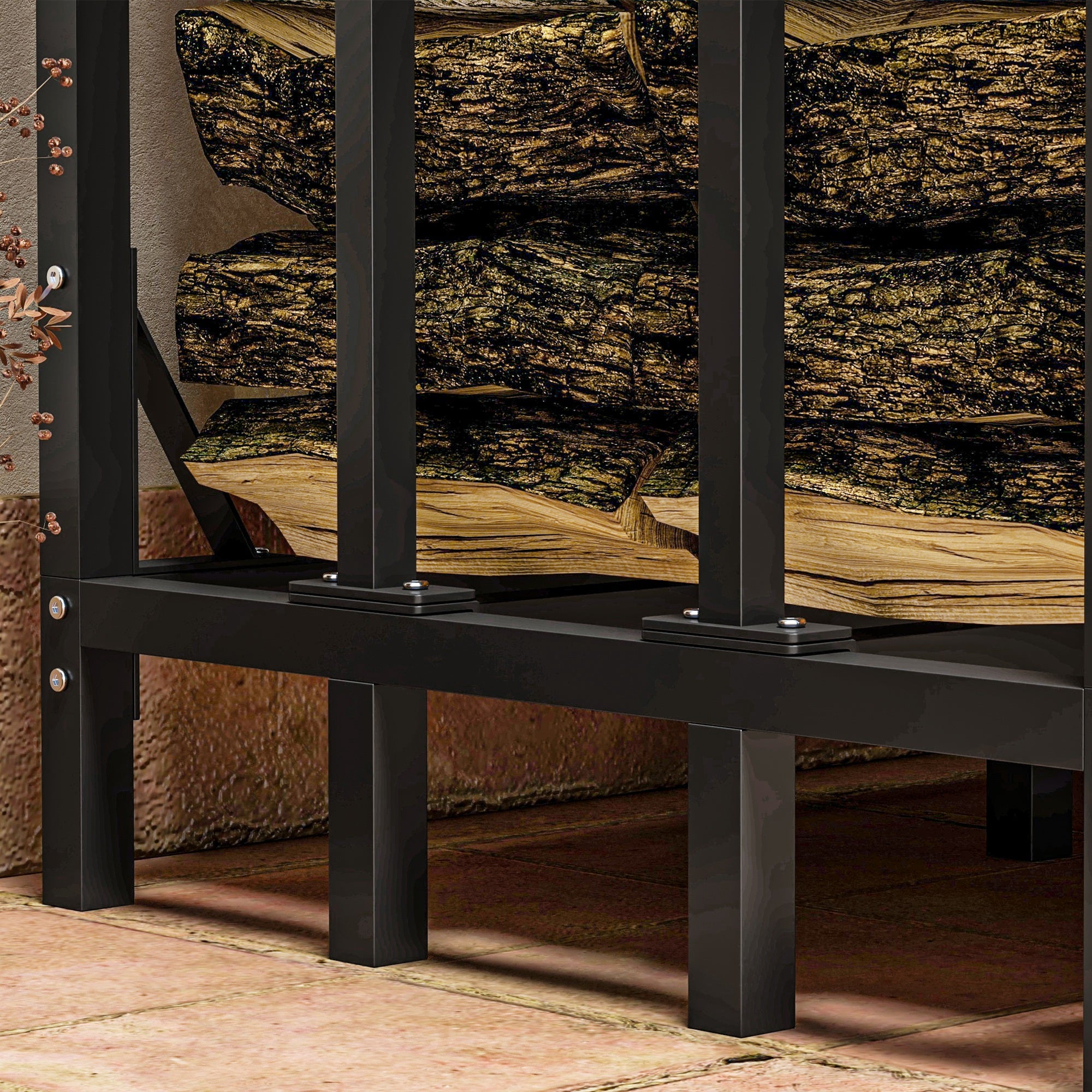 Outdoor Log Holder with Cover, Reinforced Metal Log Store for Firewood with 2000kg Capacity, 185x90x185 cm, Black