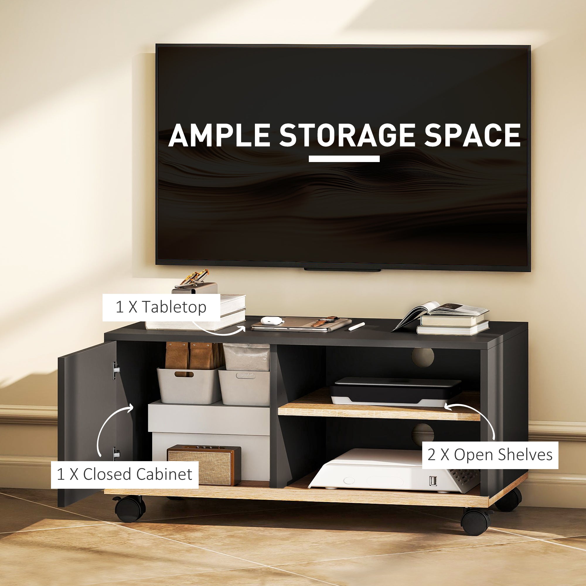Lowboard TV Stand on Casters with Cabinet, Cable Management & Adjustable Shelf — Fits up to 32" TVs, Black & Oak, 80 x 45 x 41 cm (31.5 x 17.7 x 16.1 in)