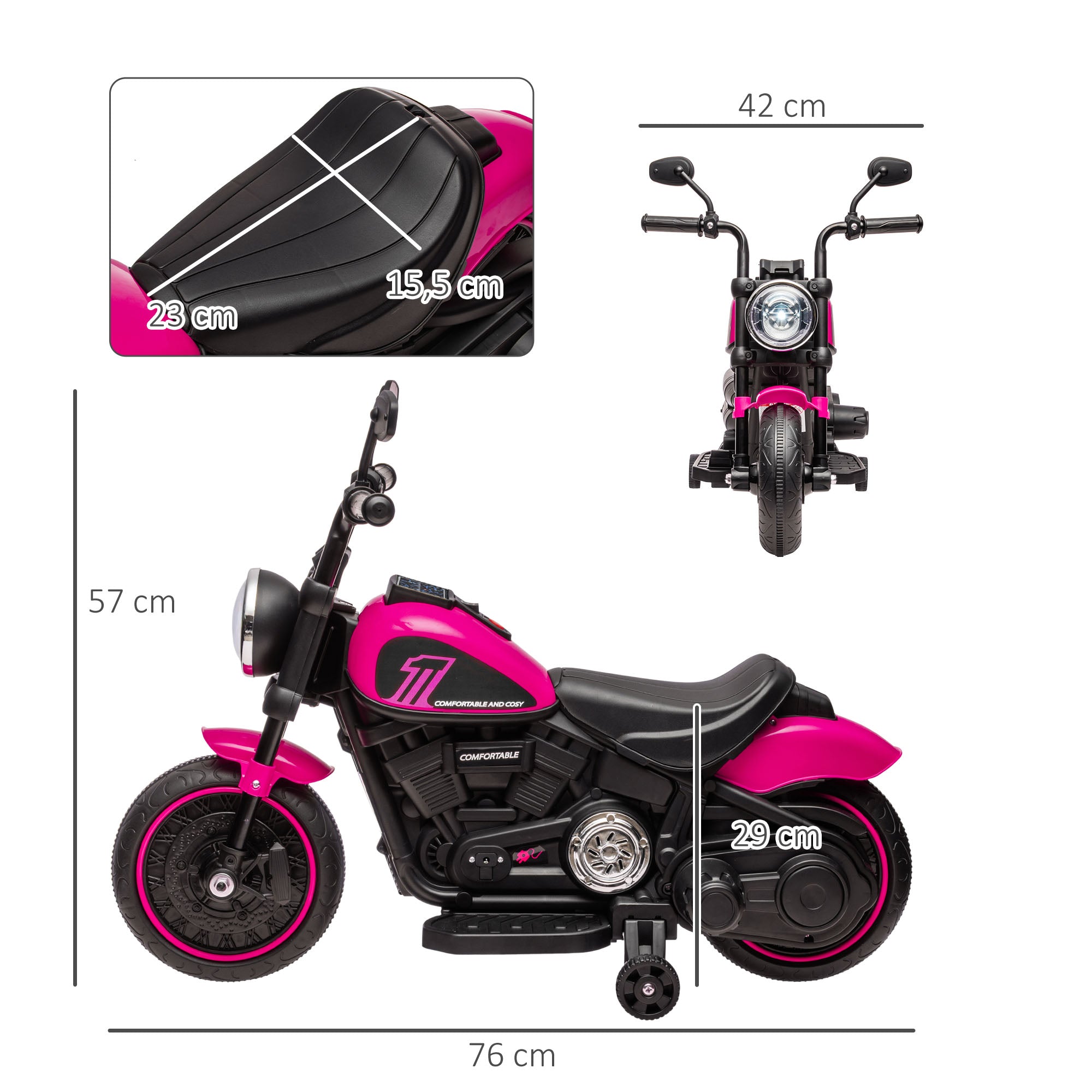 Children's Motorcycle Kids Electric Motorbike Electric Vehicle Children's Vehicle with 2 Removable Training Wheels, 3 km/h, for 1.5-3 Years Kids Pink 76 x 42 x 57 cm
