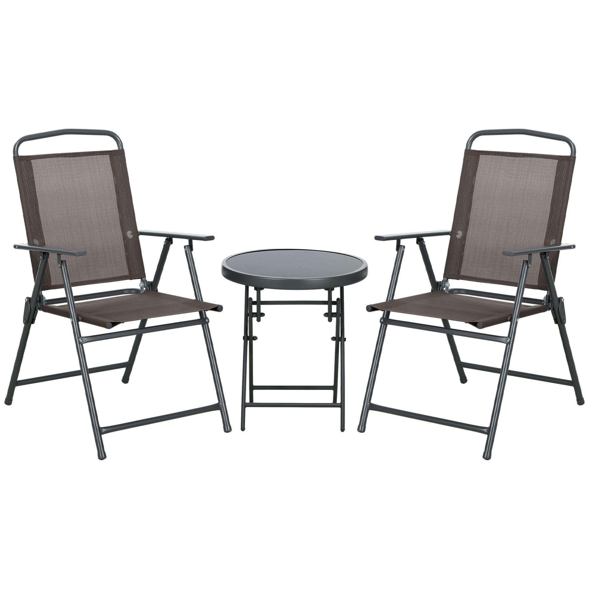 3-Piece Metal Bistro Set Weatherproof Garden Furniture Set with Folding Glass Table Garden Chairs Outdoor Balcony Furniture Set Seating Group Balcony Set Garden Furniture Brown