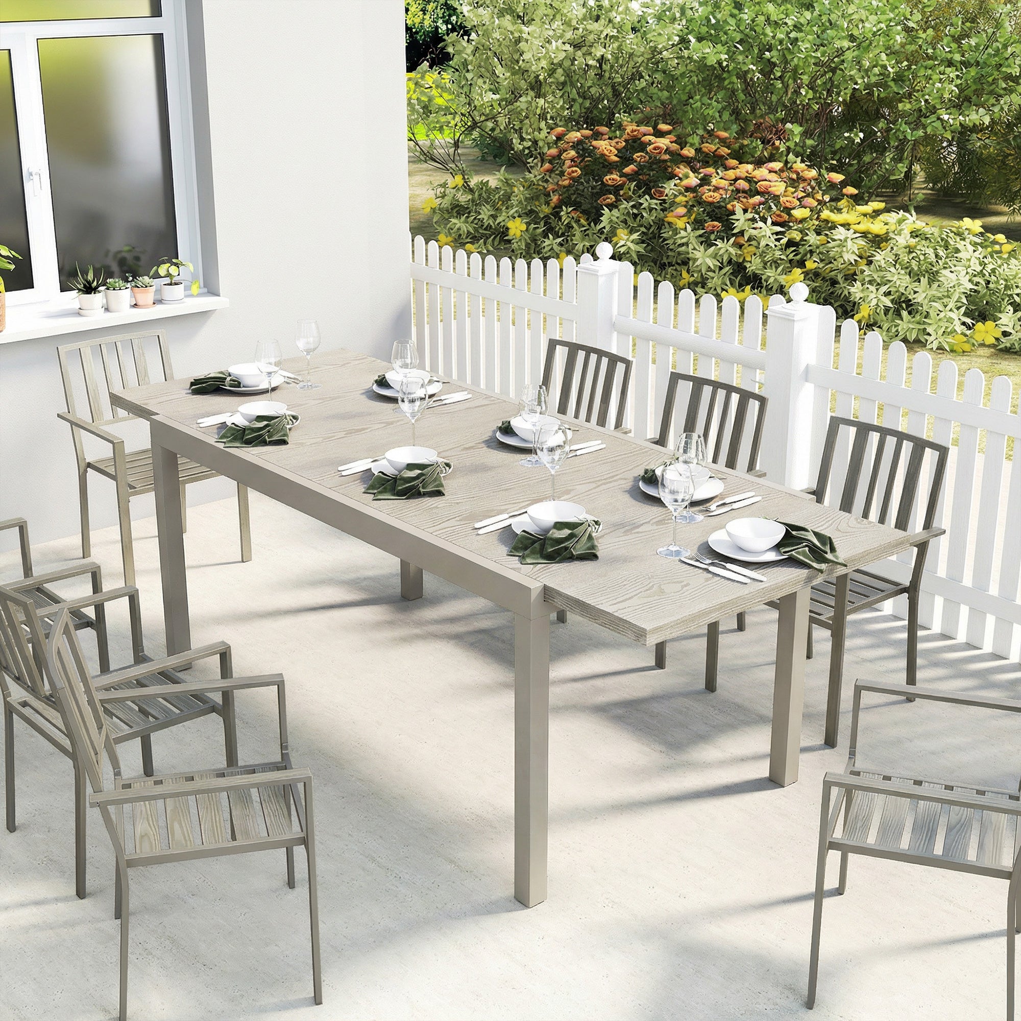 Extendable Garden Table, 60.6–84.3 in x 33.5 in Aluminum Dining Table for 8–10 People, Rectangular Balcony/Patio Table with Wood-Effect Top, Weatherproof — Light Gray