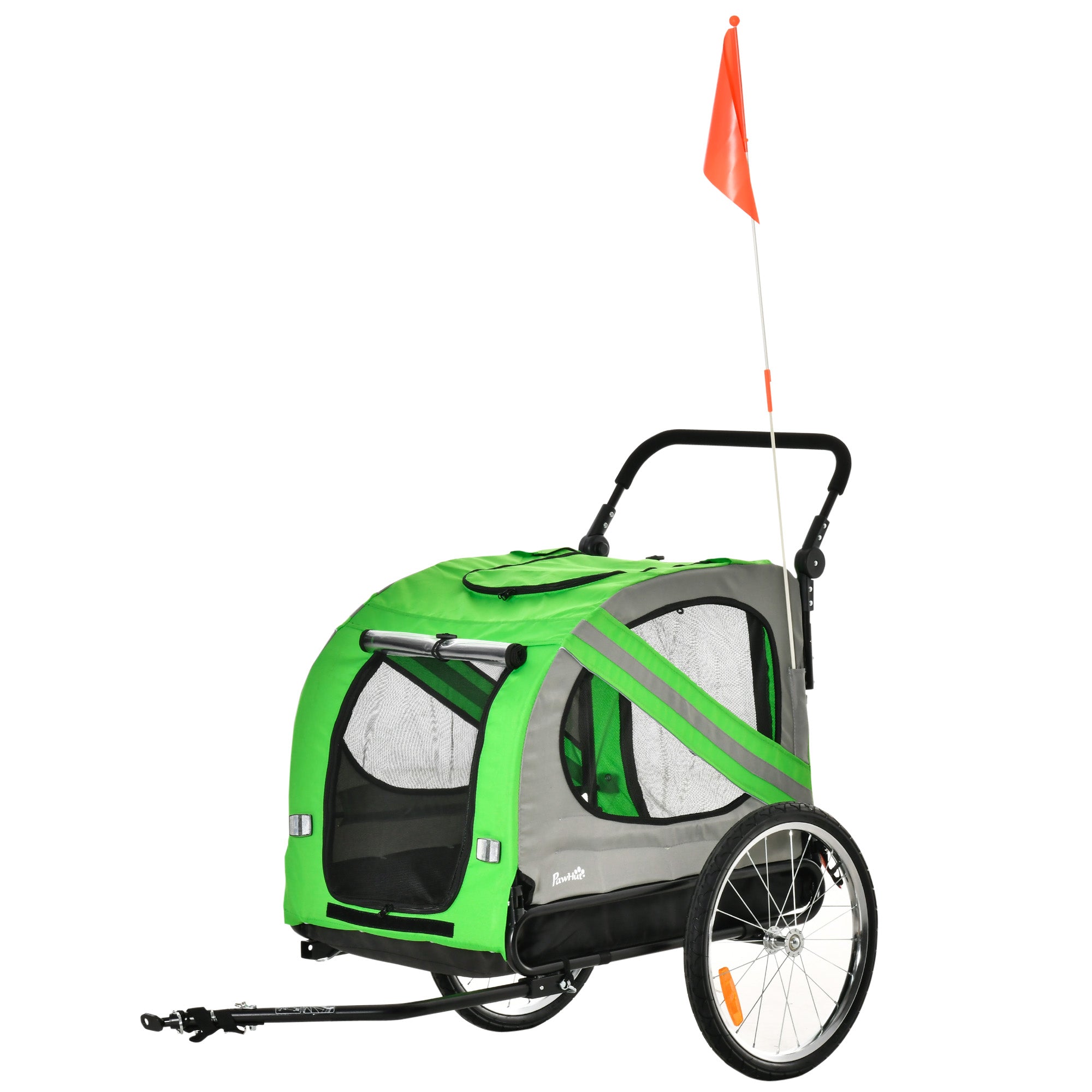 Bike Trailer for Dogs 2 in 1 Pet Transporter with Roll-up Doors Safety Belt Flag and 6 Reflectors Load 30 kg 140x72.5x108 cm Green