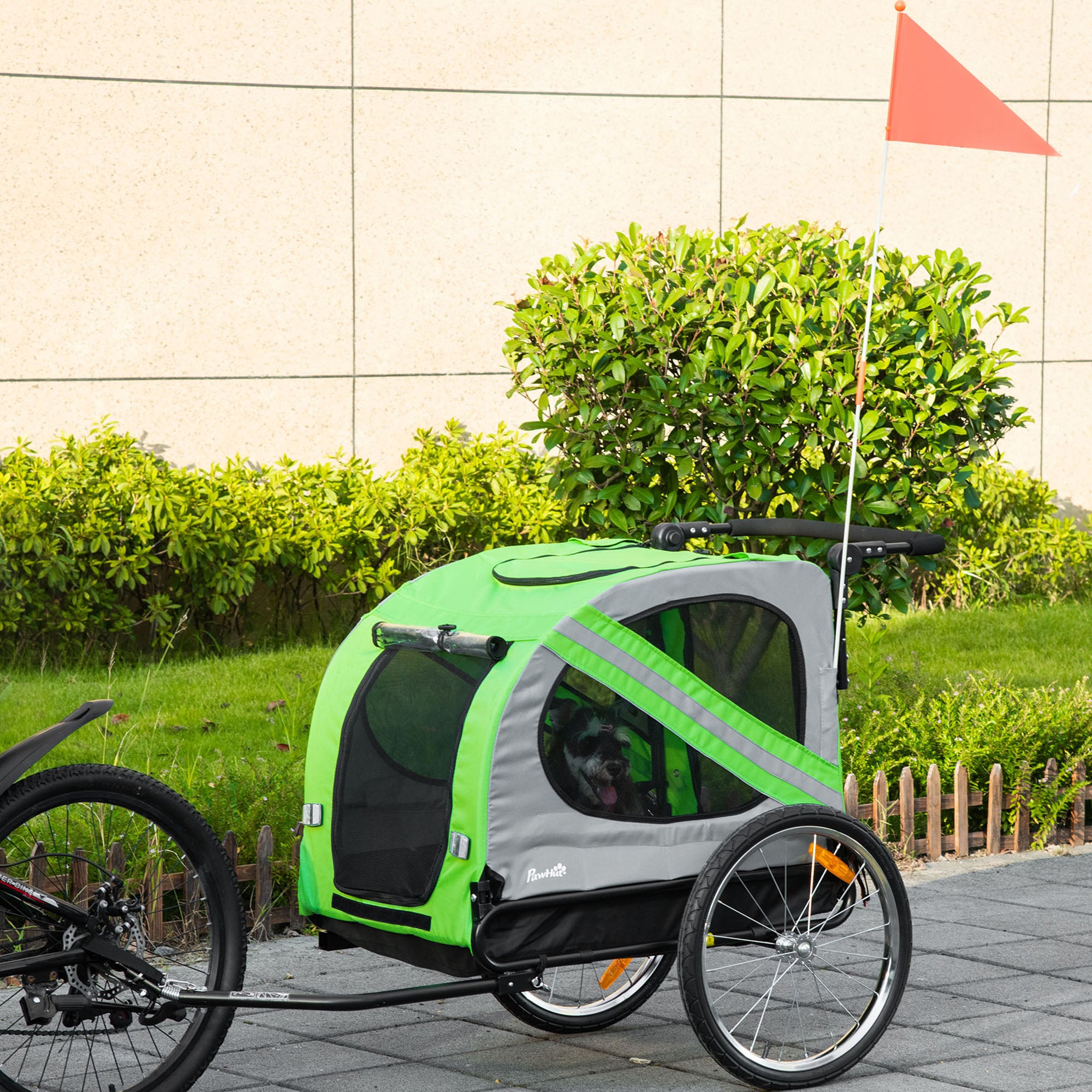 Bike Trailer for Dogs 2 in 1 Pet Transporter with Roll-up Doors Safety Belt Flag and 6 Reflectors Load 30 kg 140x72.5x108 cm Green