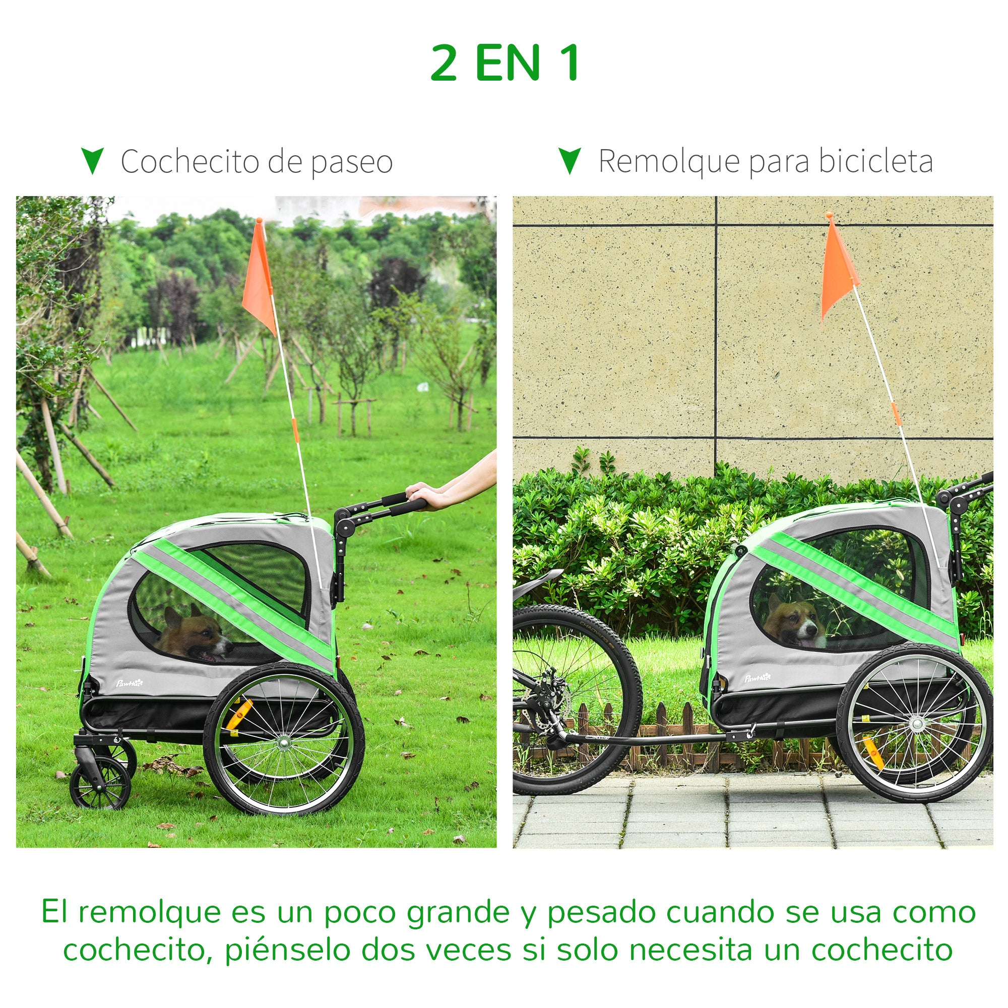 Bike Trailer for Dogs 2 in 1 Pet Transporter with Roll-up Doors Safety Belt Flag and 6 Reflectors Load 30 kg 140x72.5x108 cm Green