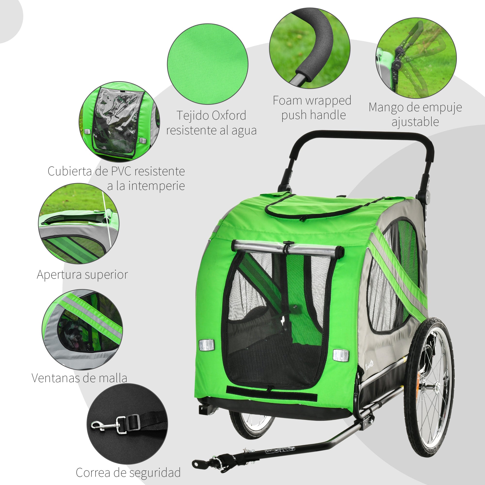Bike Trailer for Dogs 2 in 1 Pet Transporter with Roll-up Doors Safety Belt Flag and 6 Reflectors Load 30 kg 140x72.5x108 cm Green