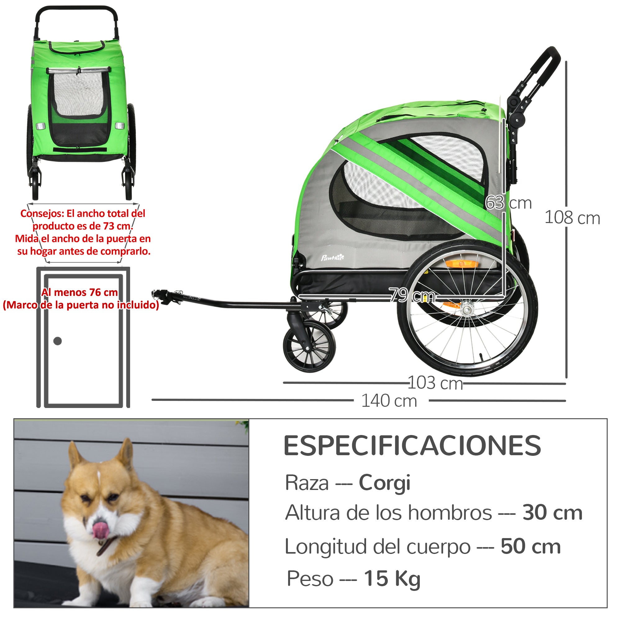 Bike Trailer for Dogs 2 in 1 Pet Transporter with Roll-up Doors Safety Belt Flag and 6 Reflectors Load 30 kg 140x72.5x108 cm Green