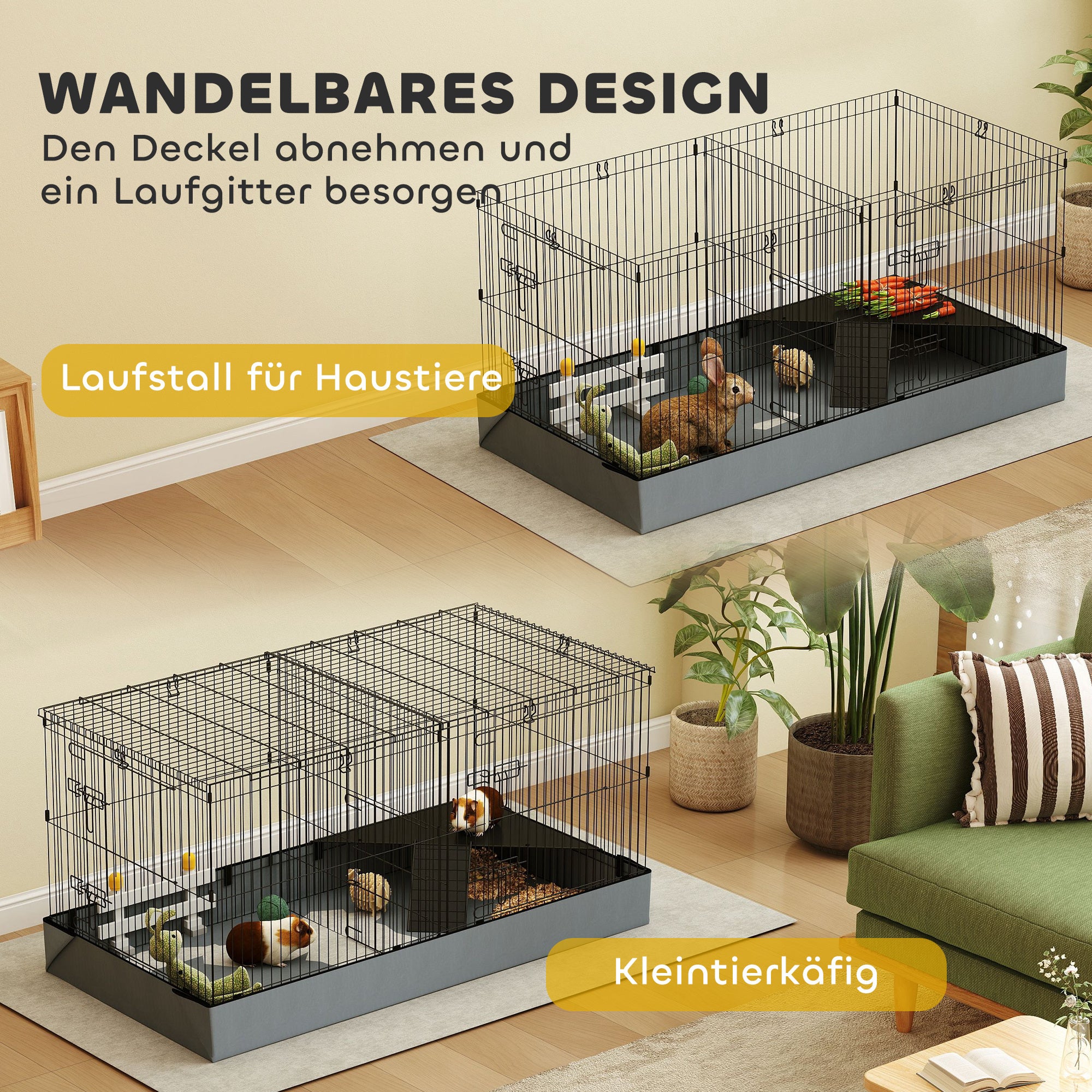 Small Animal Cage, Pet Hutch with Ramp, Partition, Rodent Cage with Removable Cover, Fabric Base, Rabbit Cage for Small Pets Steel Black