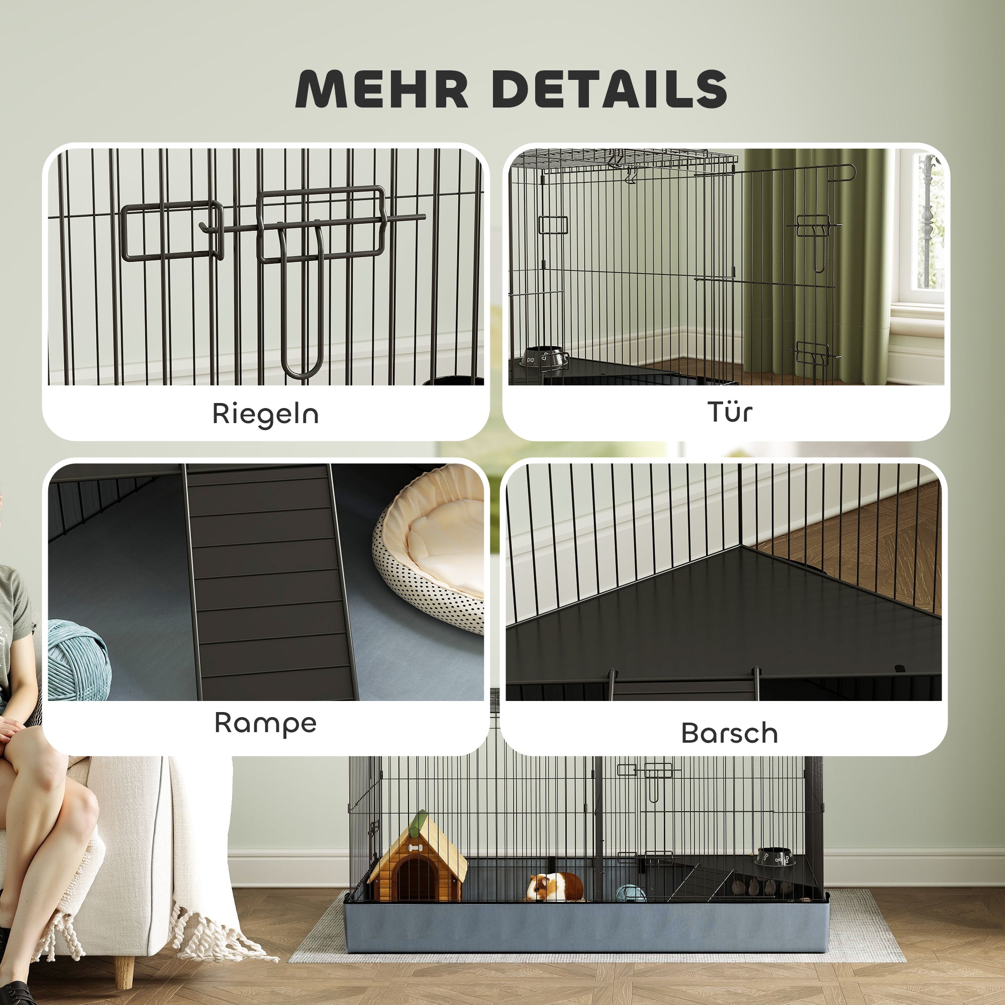 Small Animal Cage, Pet Hutch with Ramp, Partition, Rodent Cage with Removable Cover, Fabric Base, Rabbit Cage for Small Pets Steel Black