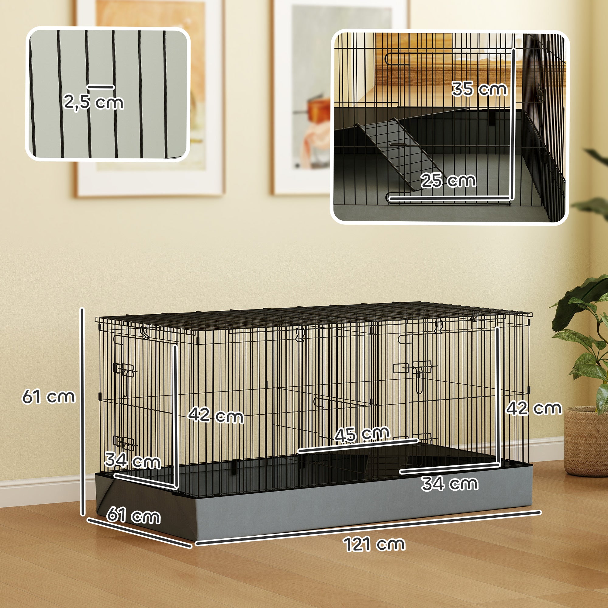 Small Animal Cage, Pet Hutch with Ramp, Partition, Rodent Cage with Removable Cover, Fabric Base, Rabbit Cage for Small Pets Steel Black