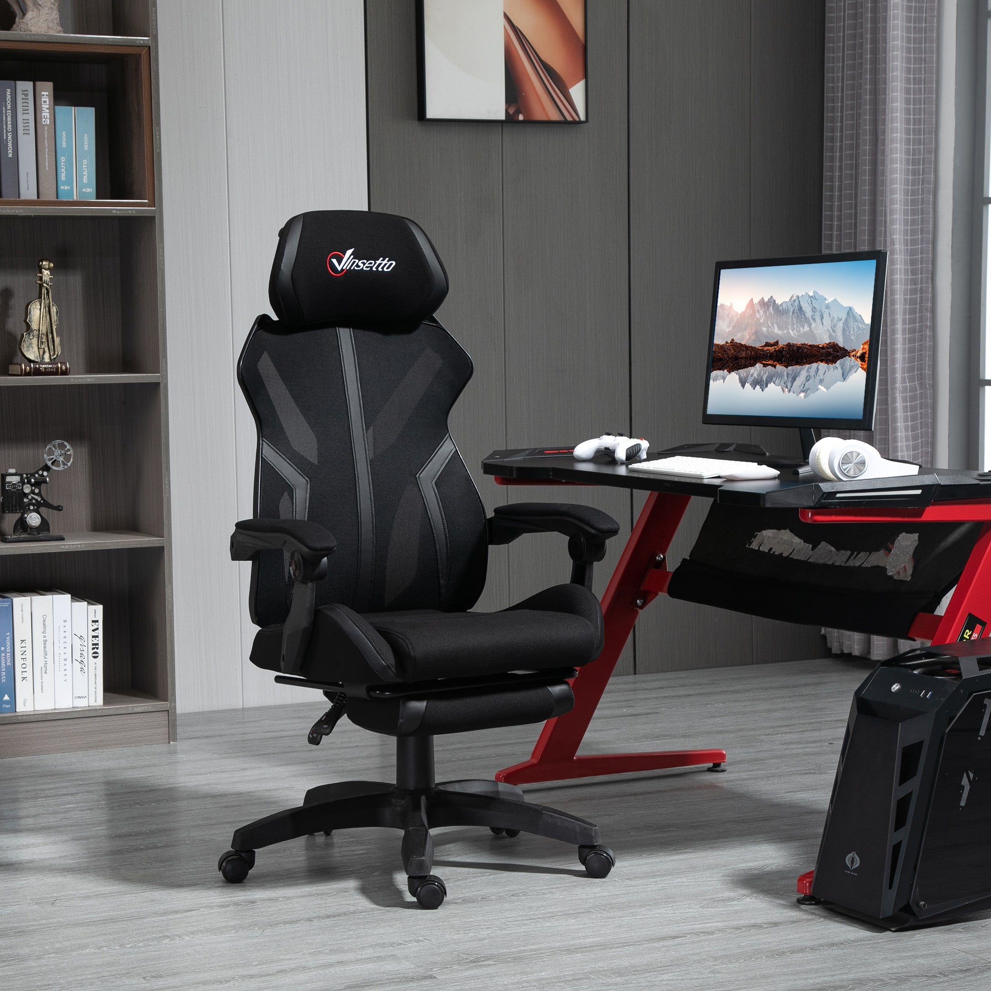 Gaming Chair with Retractable Footrest Desk Chair Reclining Office Chair with Headrest and Adjustable Height 25.6x25.6x47-50.8 inches Black