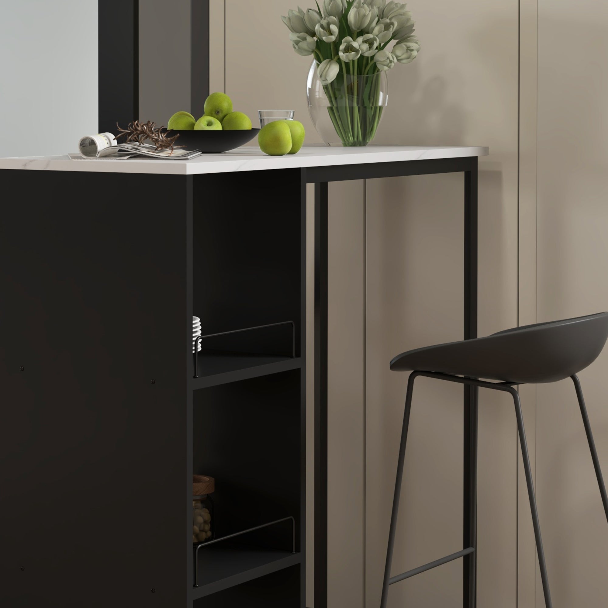 Bar Table High Kitchen Counter Table - Black Steel Frame White Marble-like Top - 105 x 40 x 105 cm White