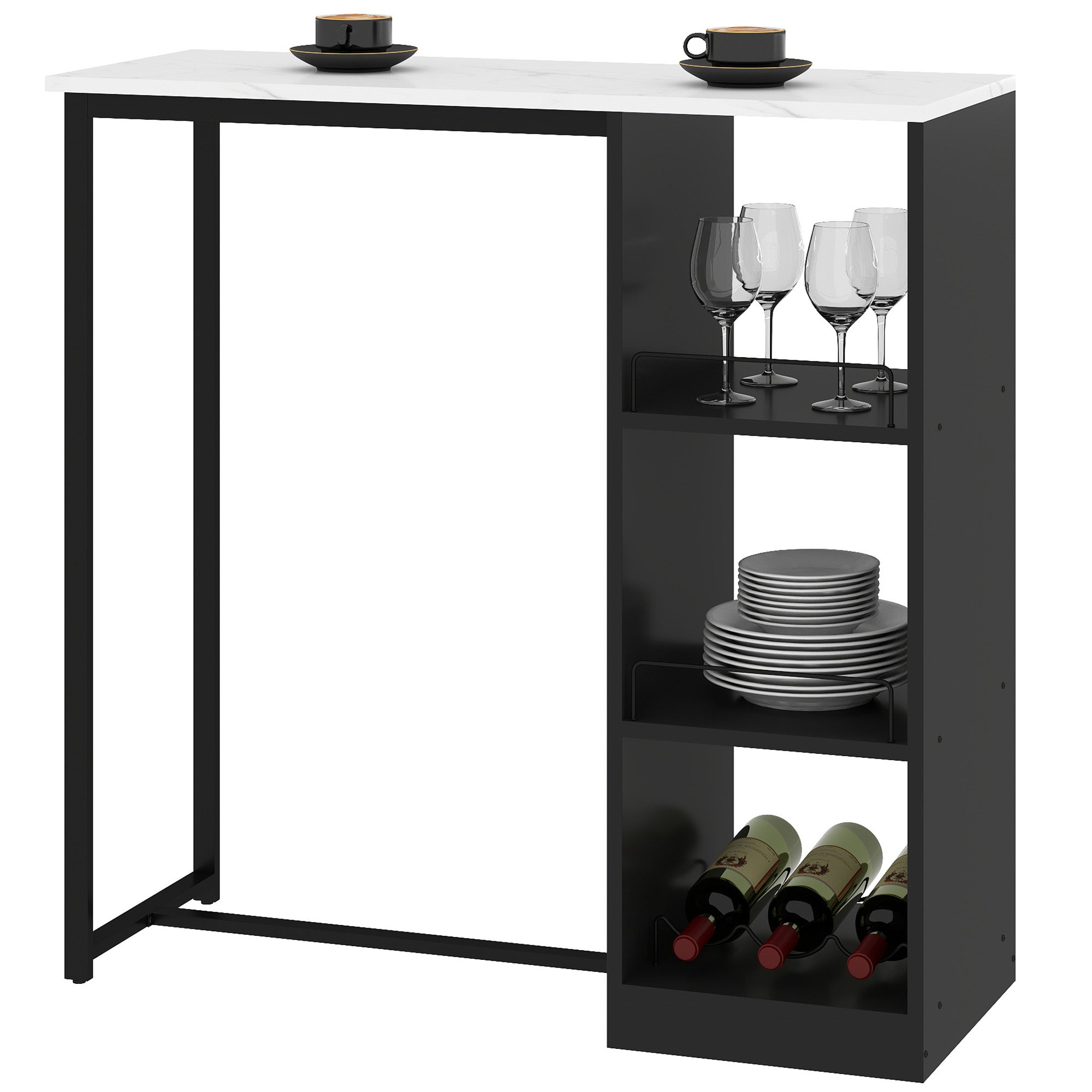 Bar Table High Kitchen Counter Table - Black Steel Frame White Marble-like Top - 105 x 40 x 105 cm White