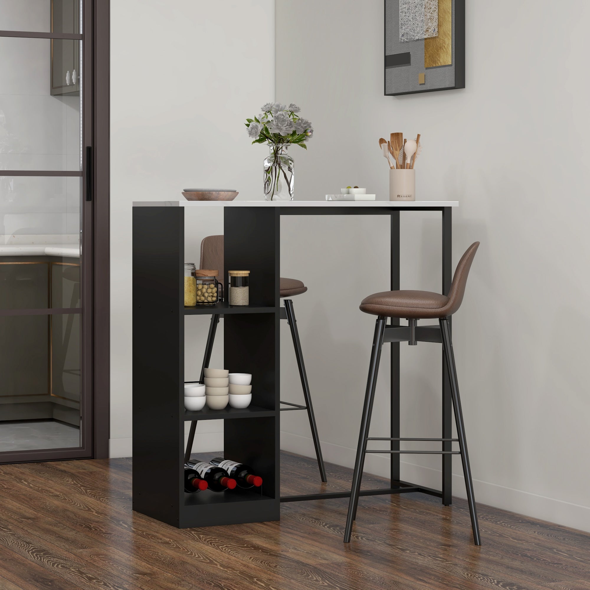 Bar Table High Kitchen Counter Table - Black Steel Frame White Marble-like Top - 105 x 40 x 105 cm White