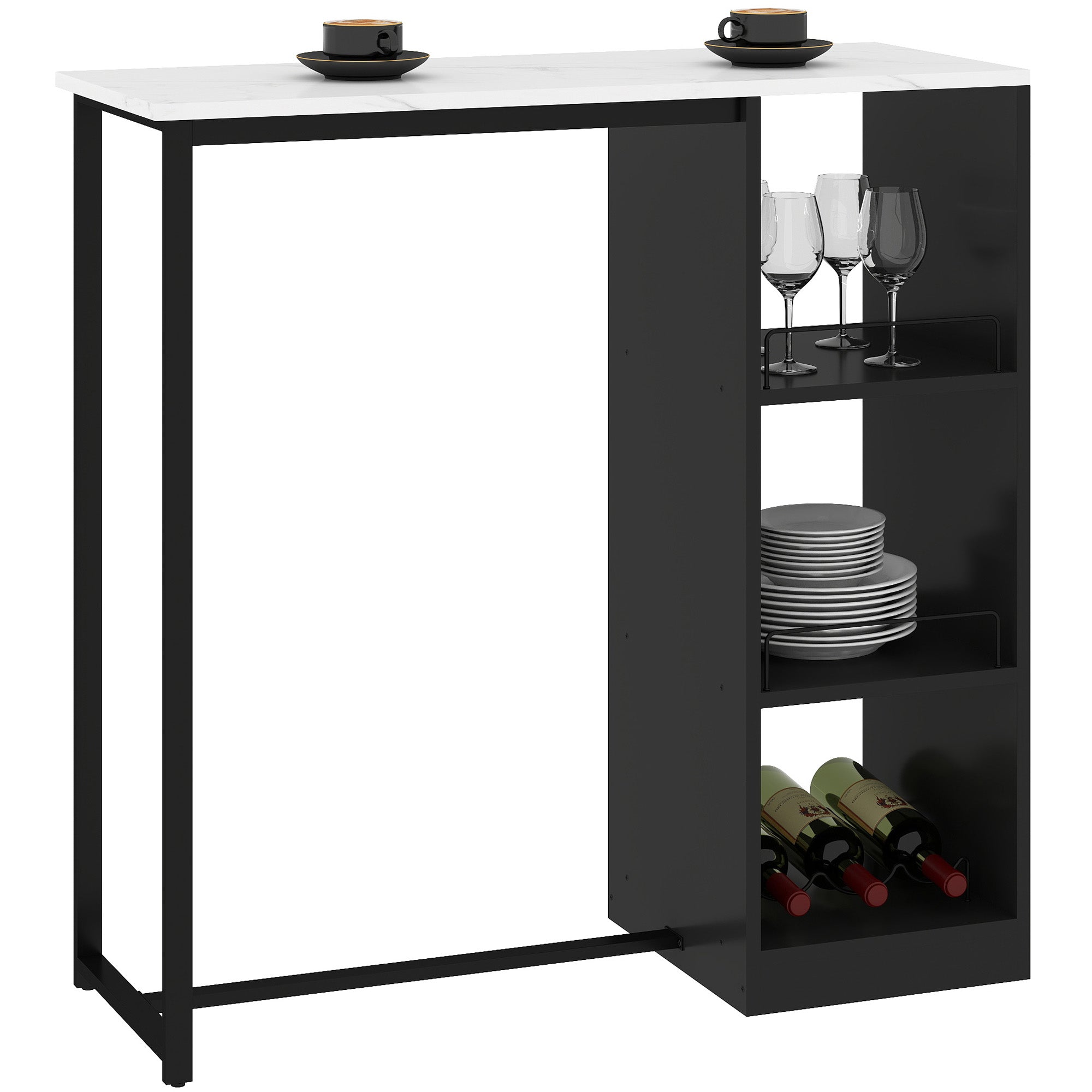 Bar Table High Kitchen Counter Table - Black Steel Frame White Marble-like Top - 105 x 40 x 105 cm White
