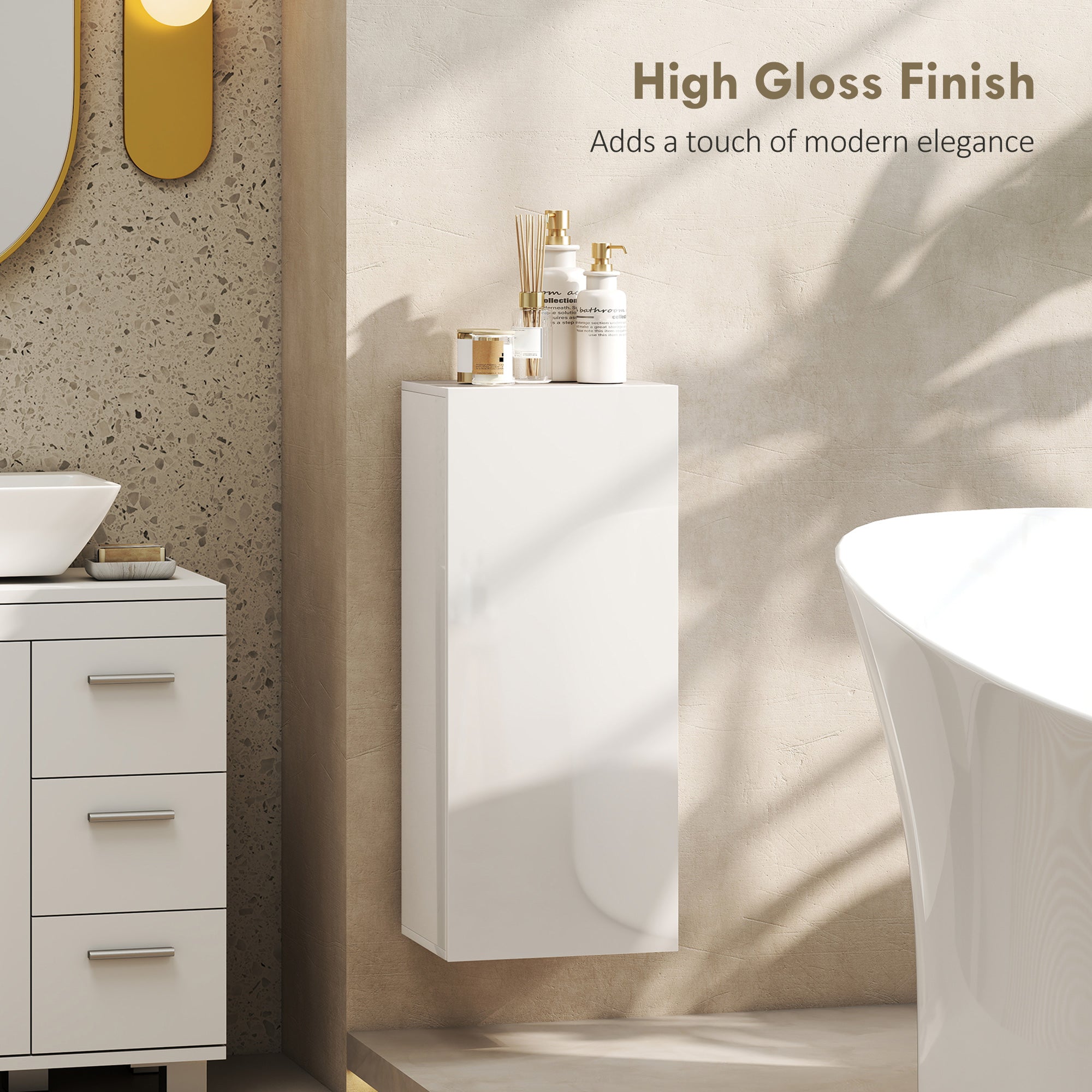 Wall-Mounted Bathroom Cabinet, Handleless Door, 2 Adjustable Tempered Glass Shelves, 11.8 x 9.2 x 28.0 in (30 x 23.4 x 71.2 cm), Glossy White